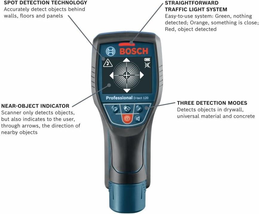 imageBOSCH DTECT120 Professional Wall Scanner and Floor Radar MultiMaterial Stud Finder for Wood Metal and Live Wire Detection Includes Battery and Charger