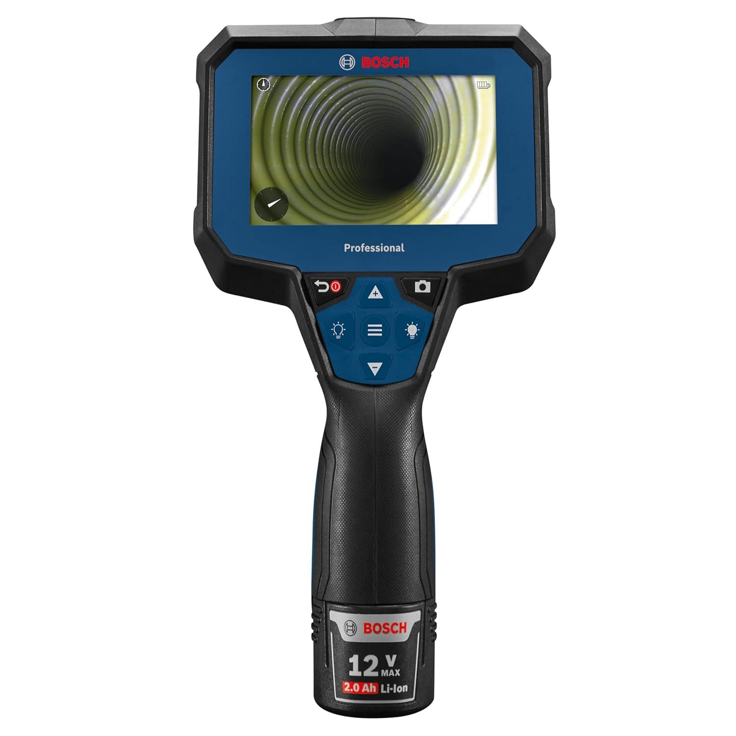 imageBOSCH GIC423C Professional Borescope Inspection Camera with Adjustable LED Light 5ft Removable Endoscope Camera Up Indicating Arrow Includes 12V Rechargeable Battery Carrying Case Attachments4 Screen 5 ft Camera