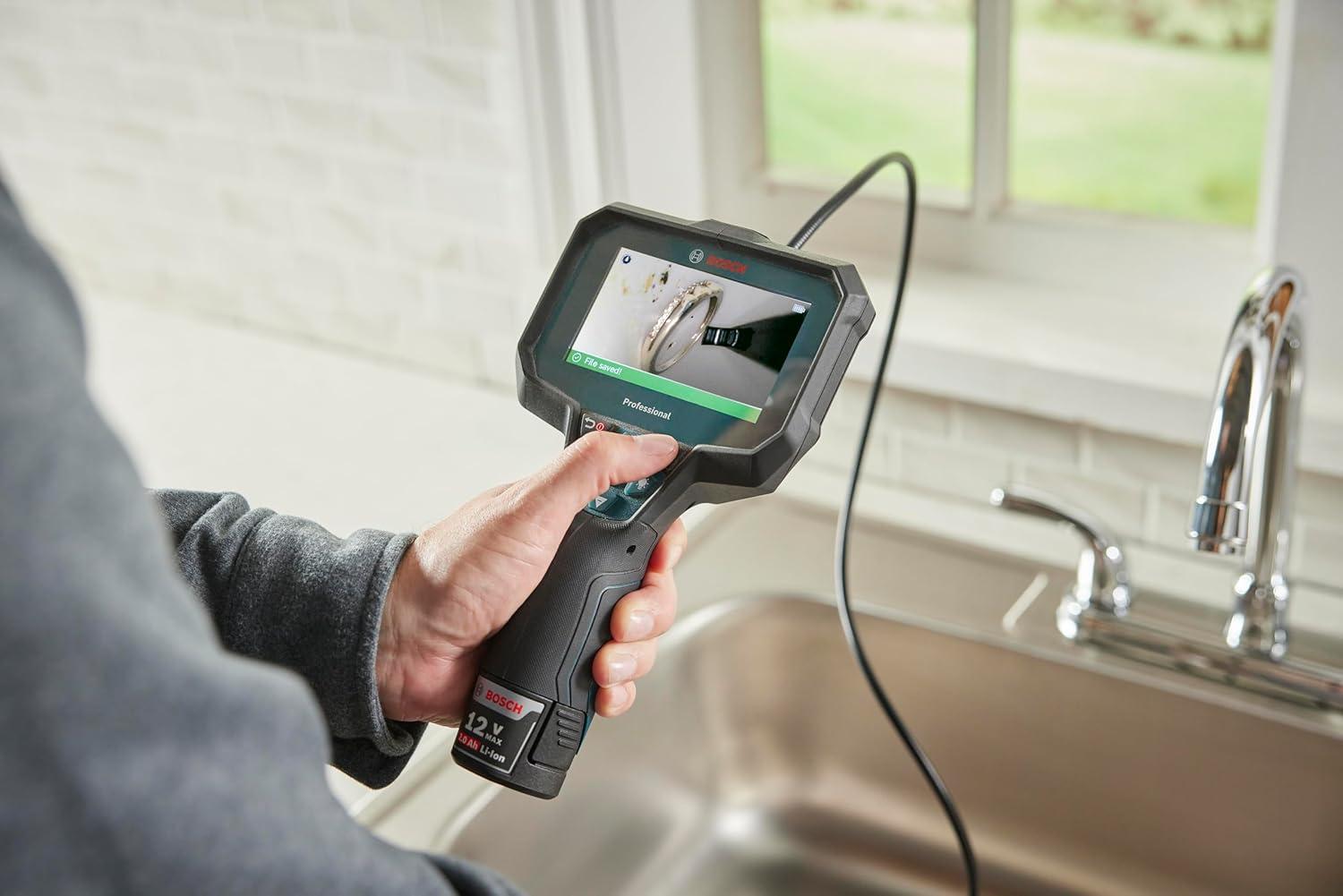imageBOSCH GIC423C Professional Borescope Inspection Camera with Adjustable LED Light 5ft Removable Endoscope Camera Up Indicating Arrow Includes 12V Rechargeable Battery Carrying Case Attachments4 Screen 5 ft Camera