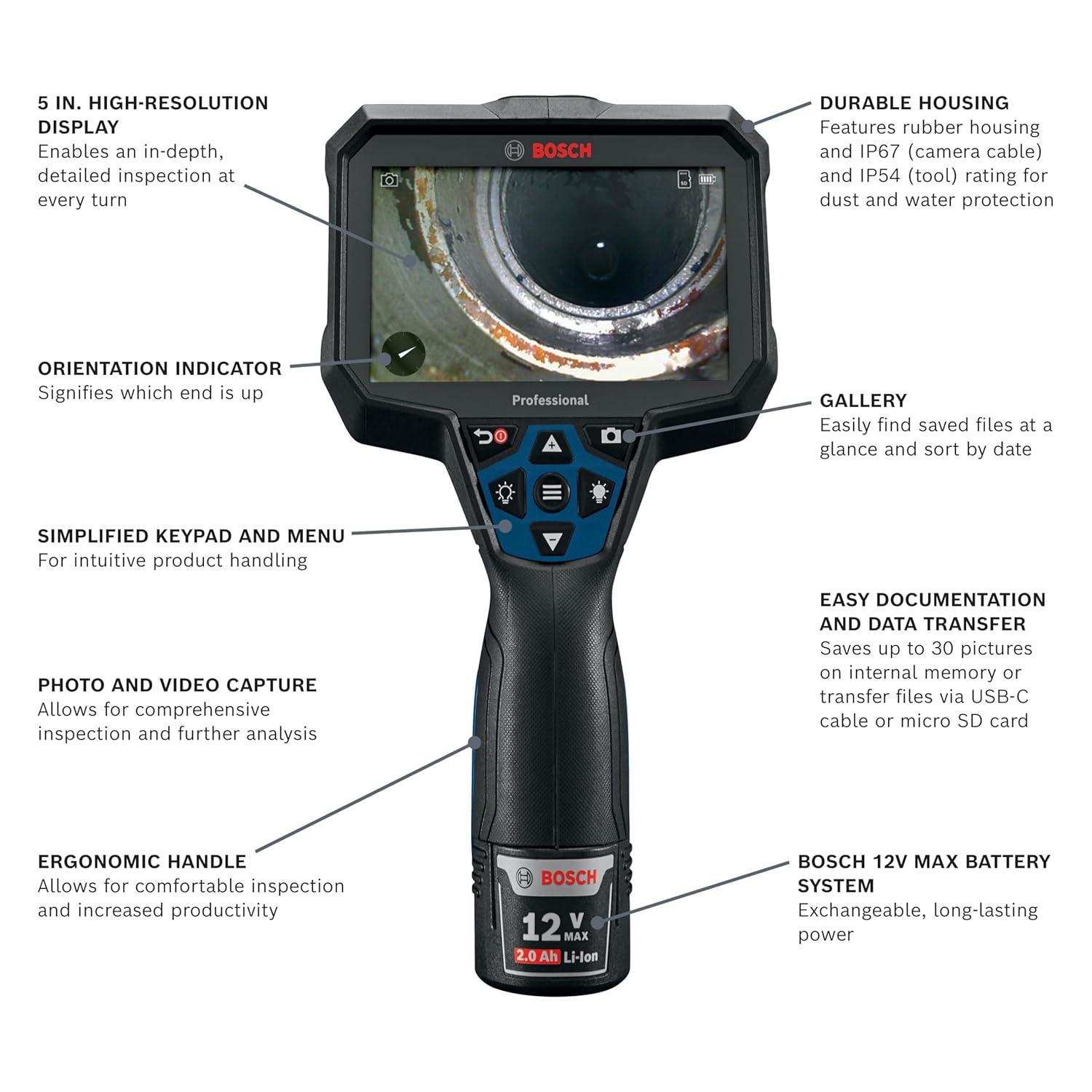 imageBOSCH GIC423C Professional Borescope Inspection Camera with Adjustable LED Light 5ft Removable Endoscope Camera Up Indicating Arrow Includes 12V Rechargeable Battery Carrying Case Attachments5 Screen 11 ft Camera w Video