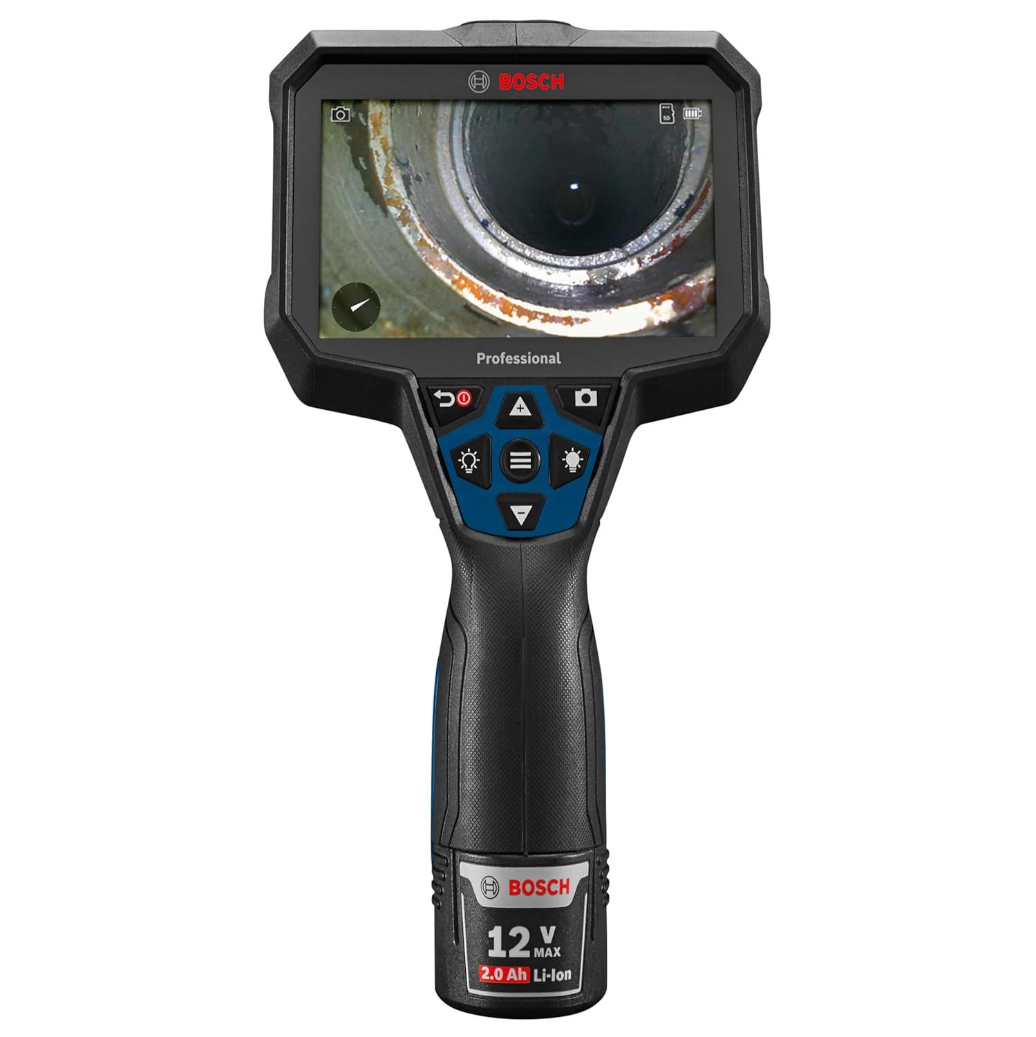 imageBOSCH GIC423C Professional Borescope Inspection Camera with Adjustable LED Light 5ft Removable Endoscope Camera Up Indicating Arrow Includes 12V Rechargeable Battery Carrying Case Attachments5 Screen 11 ft Camera w Video