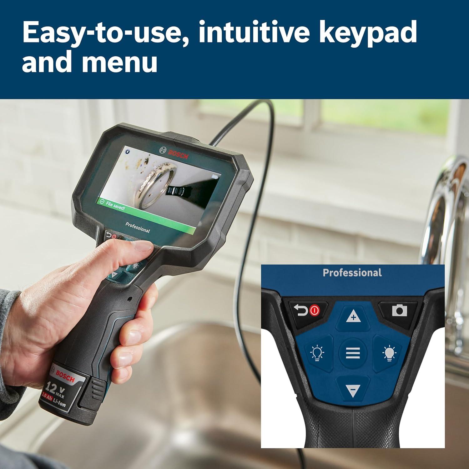 imageBOSCH GIC423C Professional Borescope Inspection Camera with Adjustable LED Light 5ft Removable Endoscope Camera Up Indicating Arrow Includes 12V Rechargeable Battery Carrying Case Attachments4 Screen 5 ft Camera