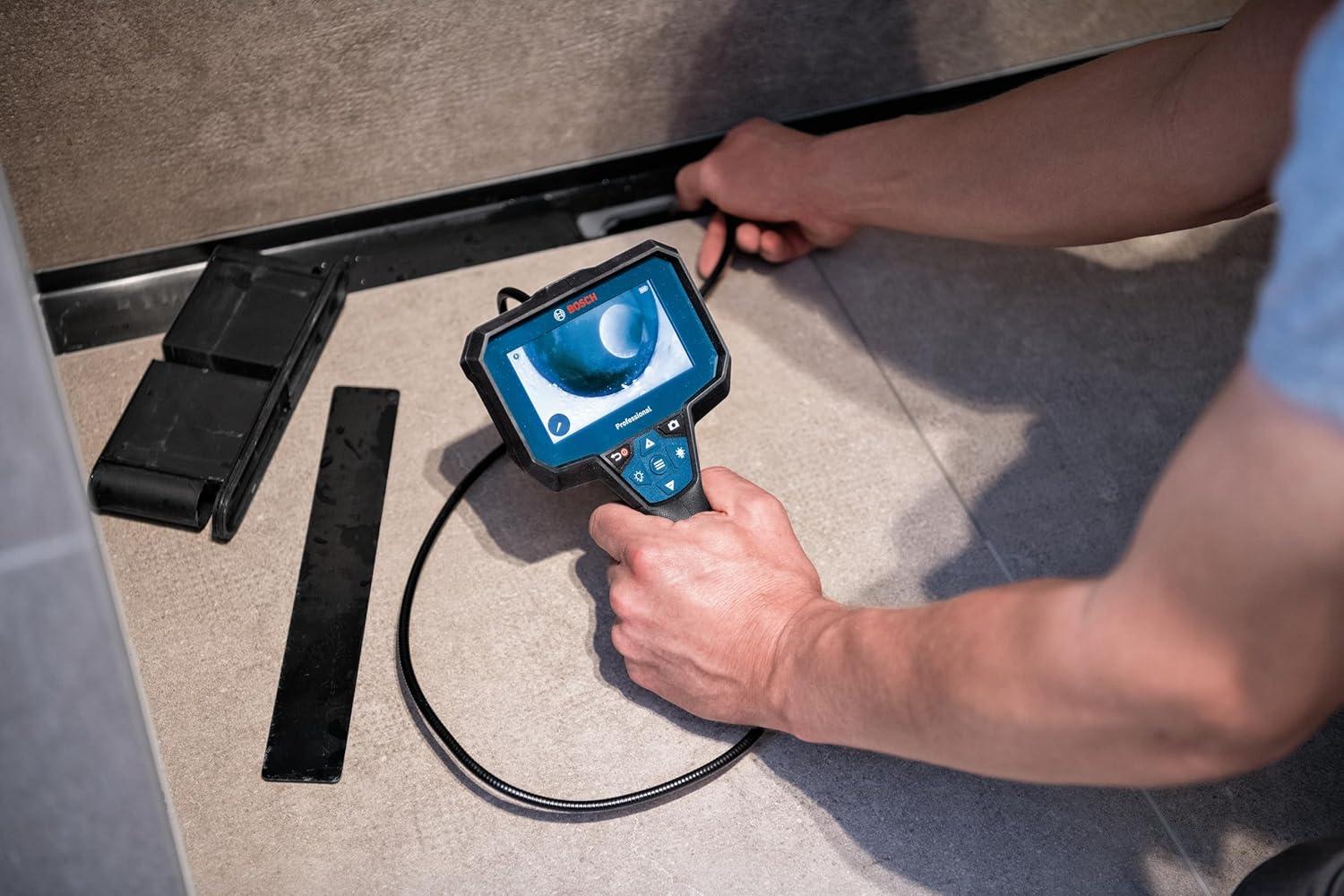 imageBOSCH GIC423C Professional Borescope Inspection Camera with Adjustable LED Light 5ft Removable Endoscope Camera Up Indicating Arrow Includes 12V Rechargeable Battery Carrying Case Attachments4 Screen 5 ft Camera