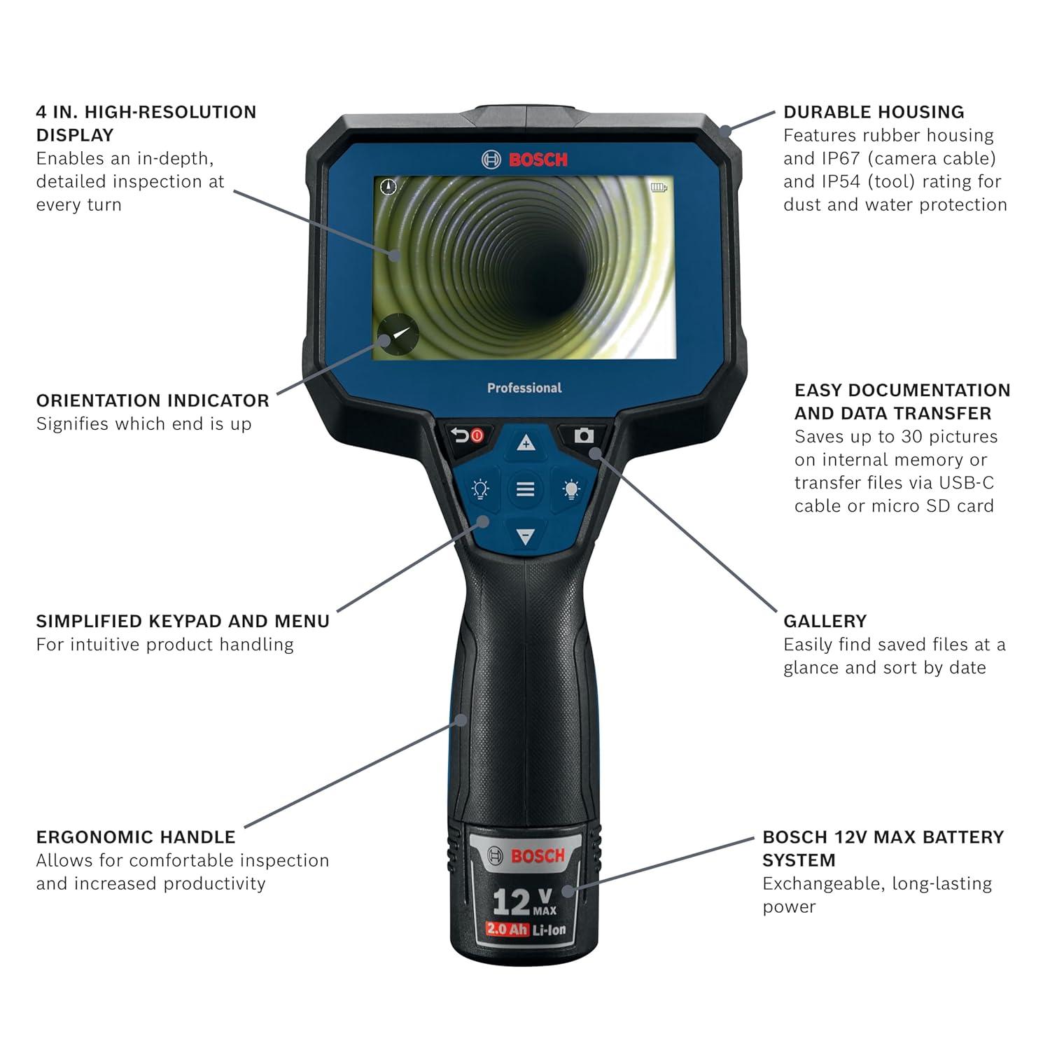 imageBOSCH GIC423C Professional Borescope Inspection Camera with Adjustable LED Light 5ft Removable Endoscope Camera Up Indicating Arrow Includes 12V Rechargeable Battery Carrying Case Attachments4 Screen 5 ft Camera