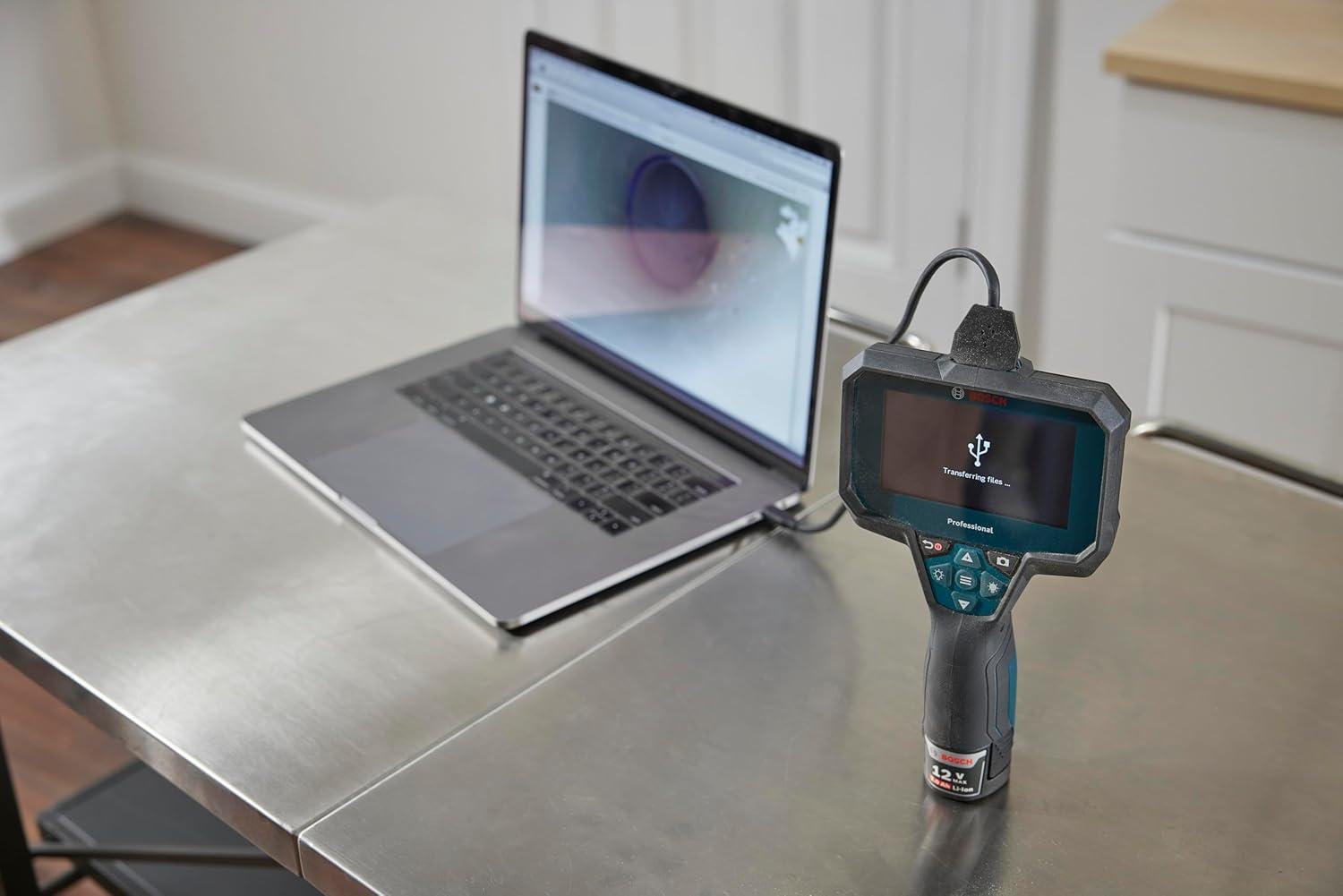 imageBOSCH GIC423C Professional Borescope Inspection Camera with Adjustable LED Light 5ft Removable Endoscope Camera Up Indicating Arrow Includes 12V Rechargeable Battery Carrying Case Attachments4 Screen 5 ft Camera