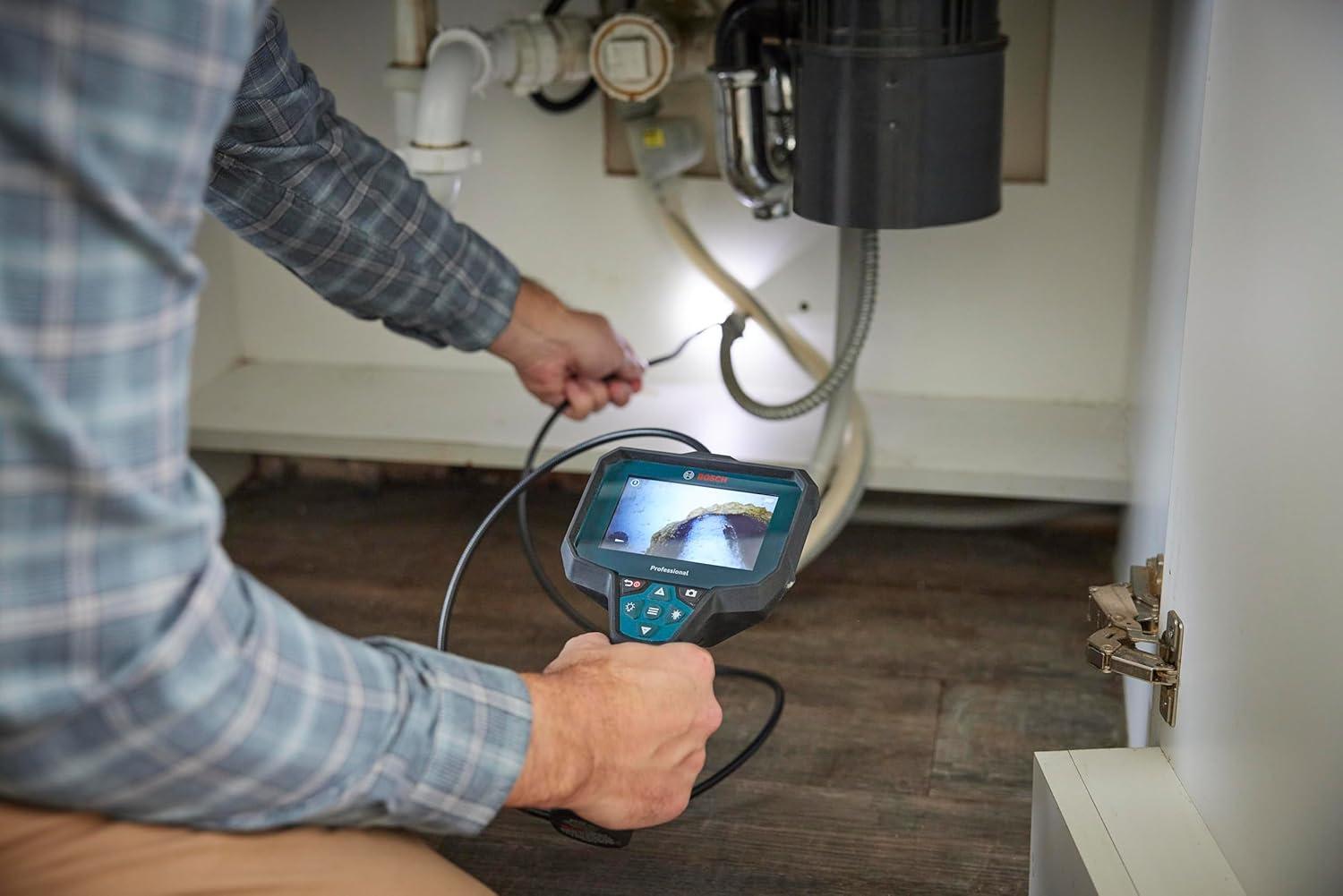 imageBOSCH GIC423C Professional Borescope Inspection Camera with Adjustable LED Light 5ft Removable Endoscope Camera Up Indicating Arrow Includes 12V Rechargeable Battery Carrying Case Attachments4 Screen 5 ft Camera