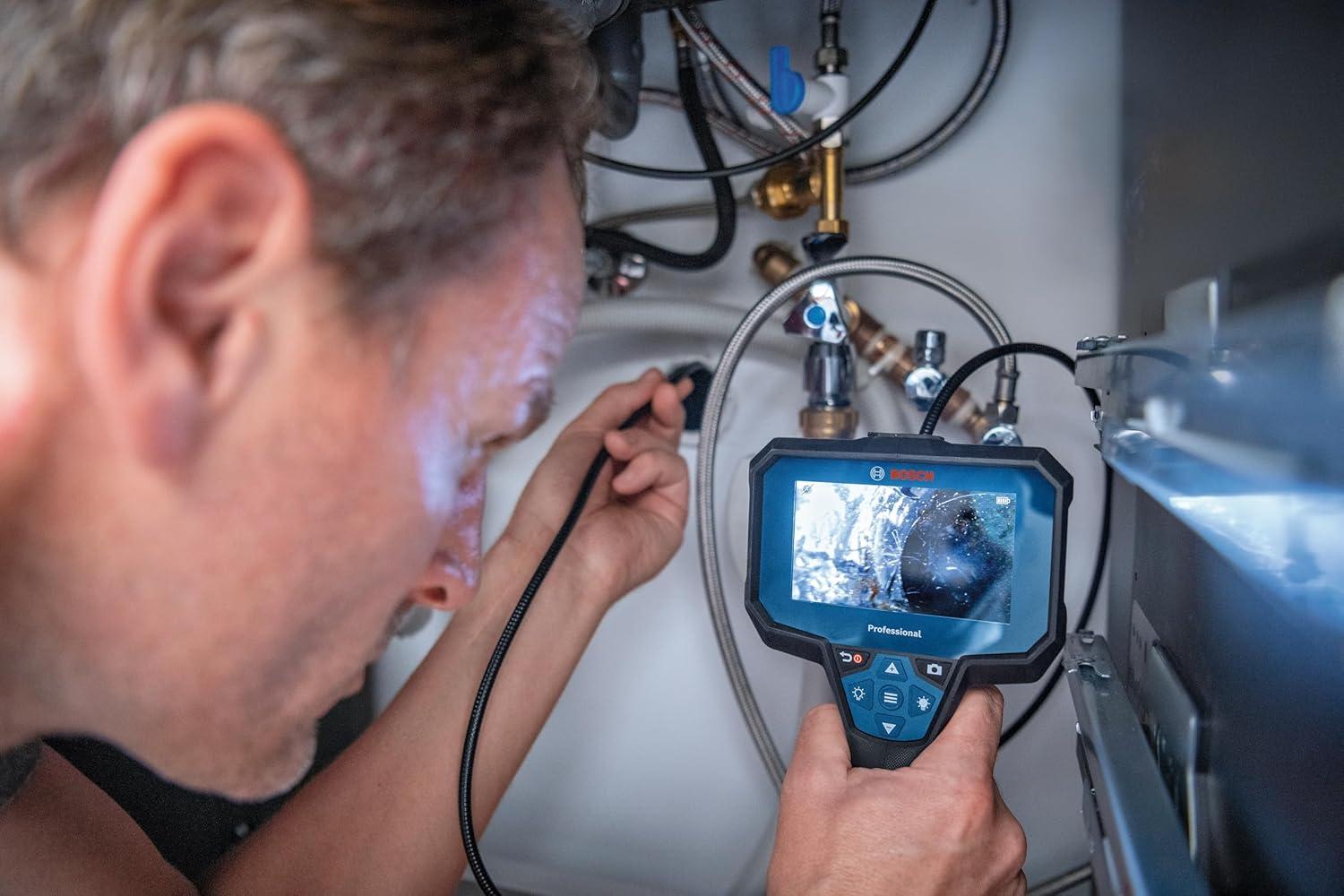 imageBOSCH GIC423C Professional Borescope Inspection Camera with Adjustable LED Light 5ft Removable Endoscope Camera Up Indicating Arrow Includes 12V Rechargeable Battery Carrying Case Attachments4 Screen 5 ft Camera