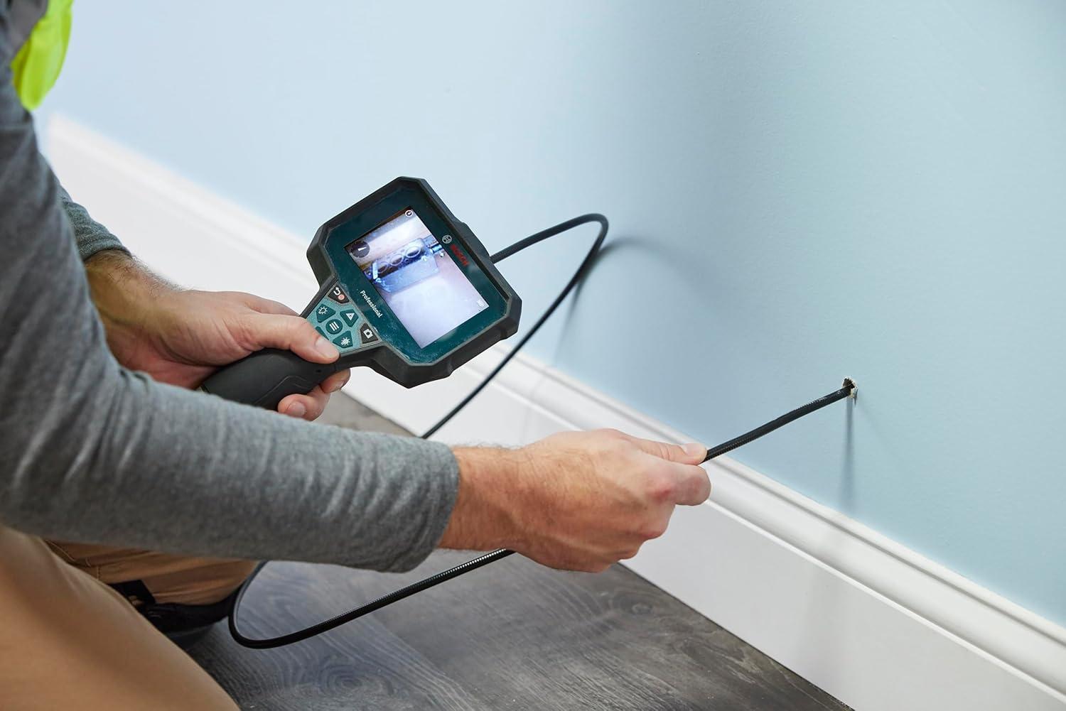 imageBOSCH GIC423C Professional Borescope Inspection Camera with Adjustable LED Light 5ft Removable Endoscope Camera Up Indicating Arrow Includes 12V Rechargeable Battery Carrying Case Attachments4 Screen 5 ft Camera