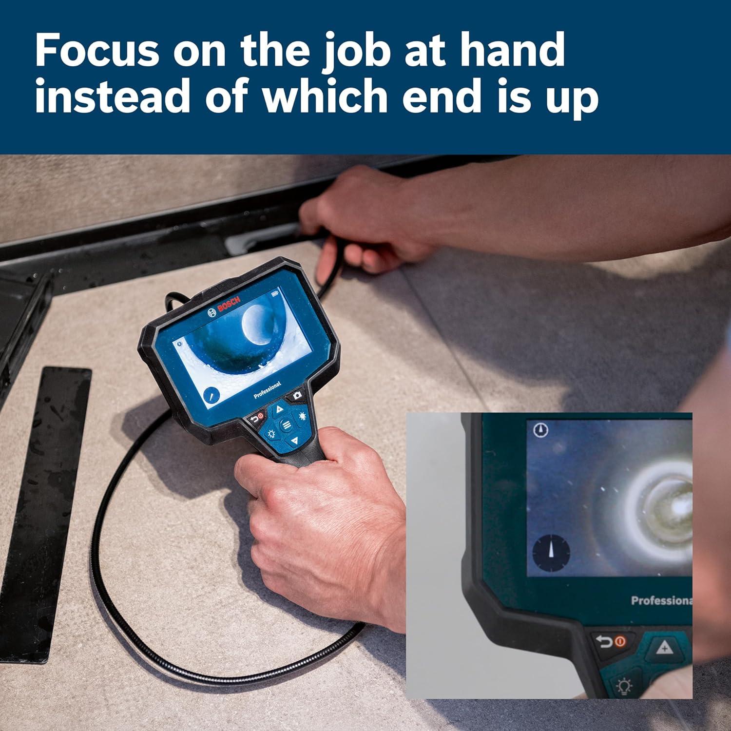 imageBOSCH GIC423C Professional Borescope Inspection Camera with Adjustable LED Light 5ft Removable Endoscope Camera Up Indicating Arrow Includes 12V Rechargeable Battery Carrying Case Attachments4 Screen 5 ft Camera