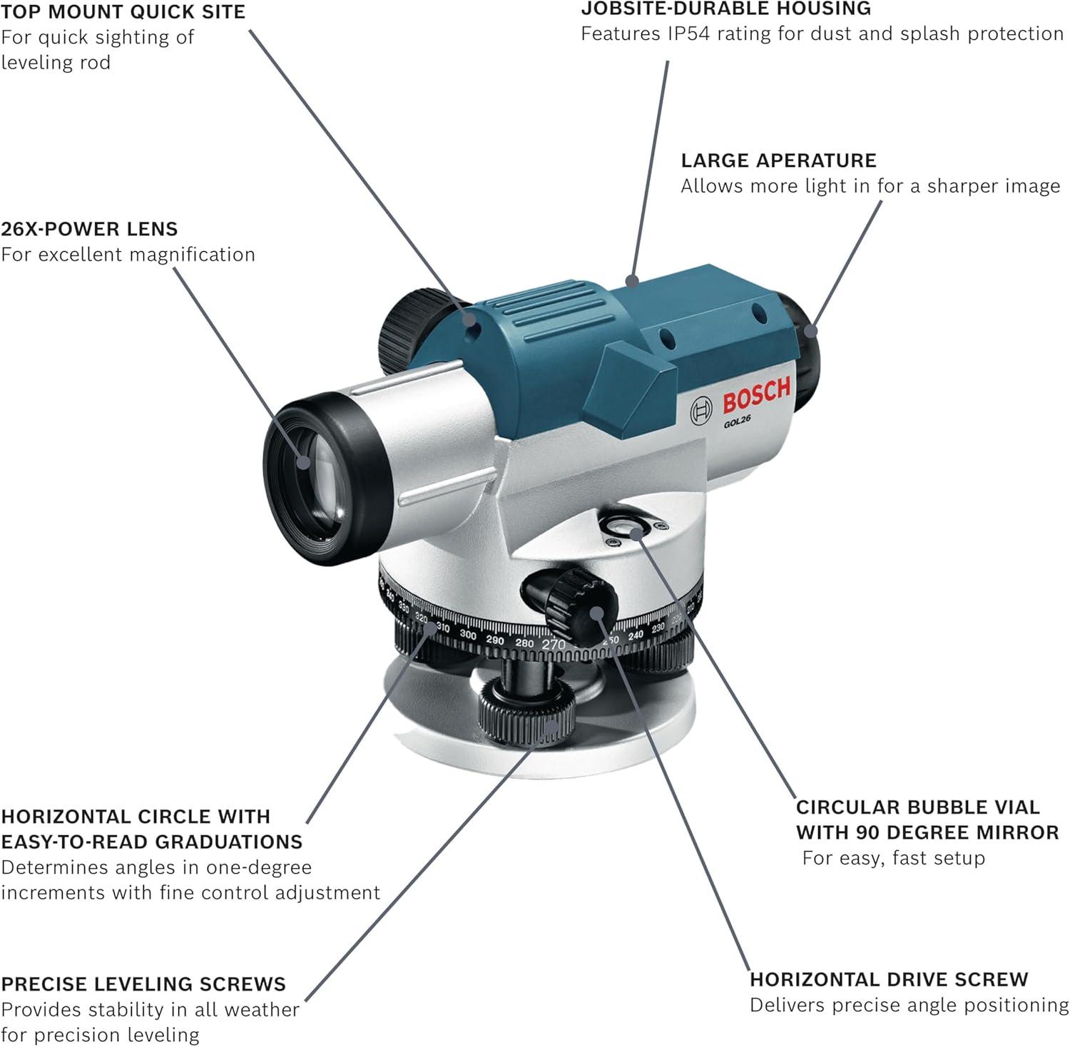imageBOSCH GOL 32CK 32X Automatic Optical Level Kit Includes Aluminum Tripod Grade Rod Plumb Bob Tool Kit amp Carrying Case26x Optical Level