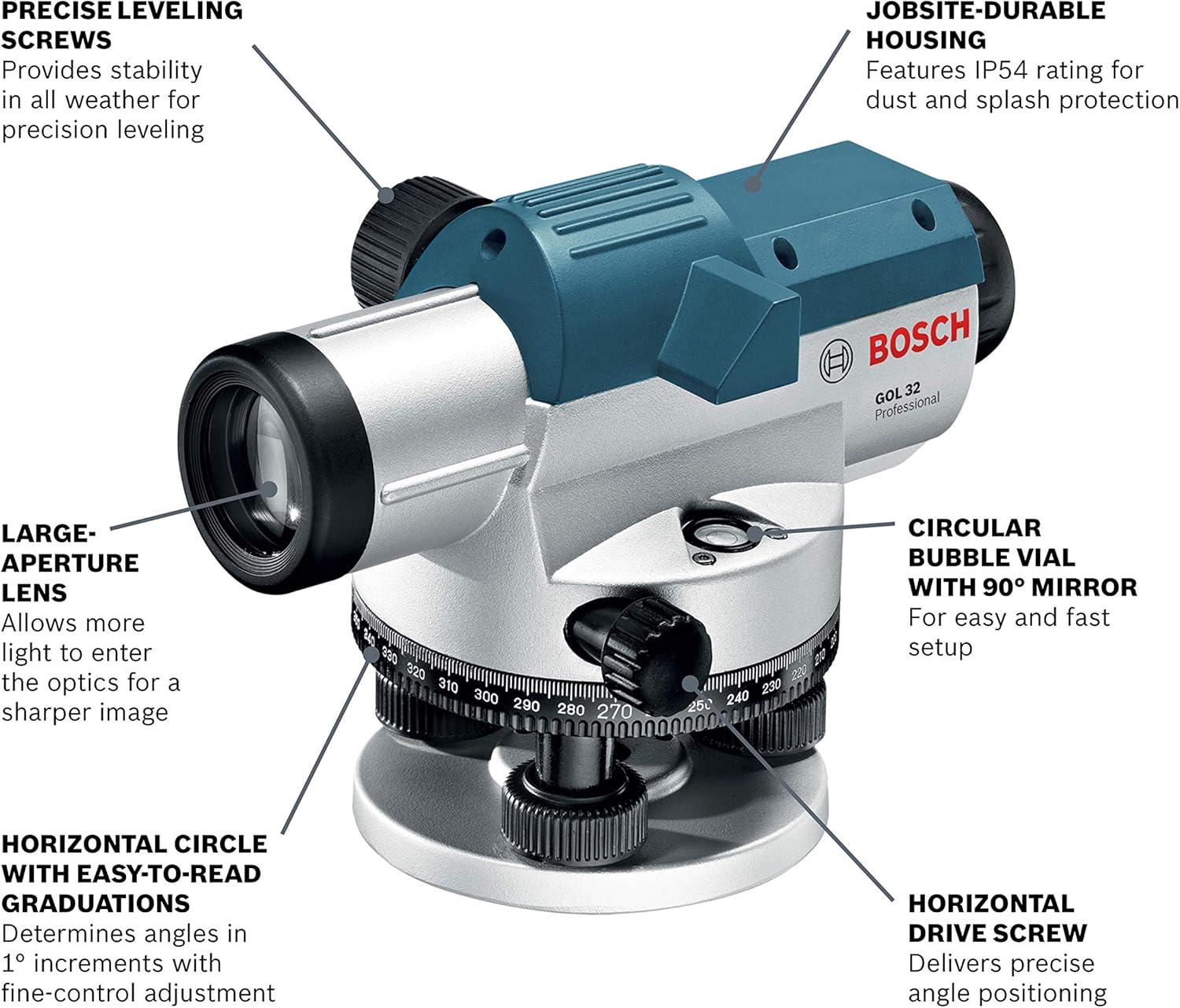 imageBOSCH GOL 32CK 32X Automatic Optical Level Kit Includes Aluminum Tripod Grade Rod Plumb Bob Tool Kit amp Carrying Case32x w Tripod Rod