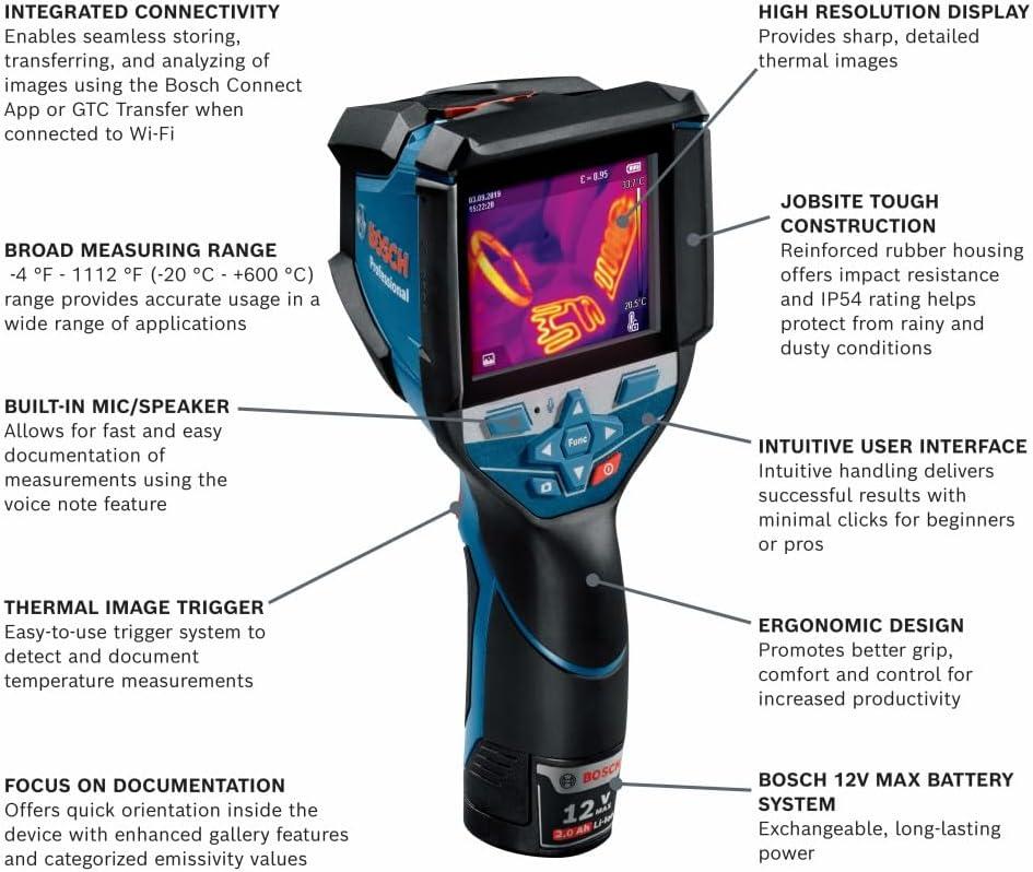 imageBOSCH GTC400C 12V Max Connected Thermal Camera Includes 2 Ah 12V Max LithiumIon Battery amp Charger USB Cable amp Soft PouchLarge Screen wVoice Notes