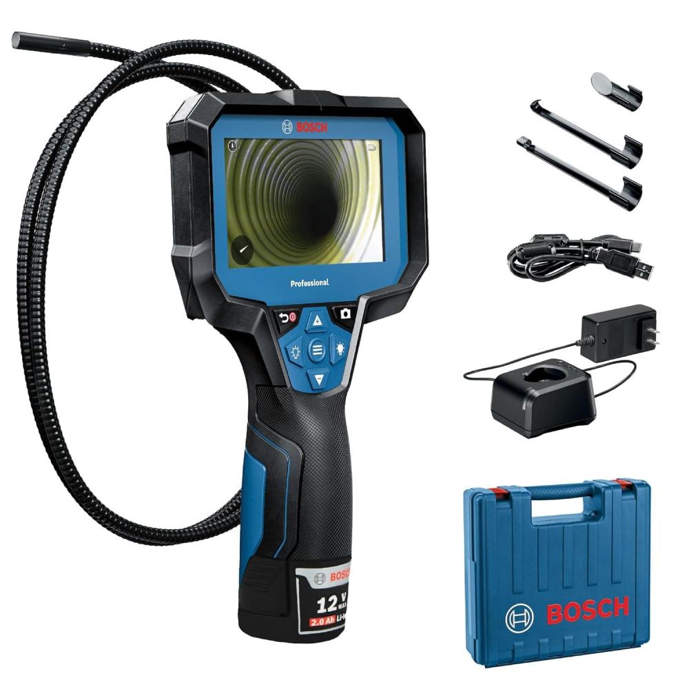 imageBOSCH GIC423C Professional Borescope Inspection Camera with Adjustable LED Light 5ft Removable Endoscope Camera Up Indicating Arrow Includes 12V Rechargeable Battery Carrying Case Attachments4 Screen 5 ft Camera