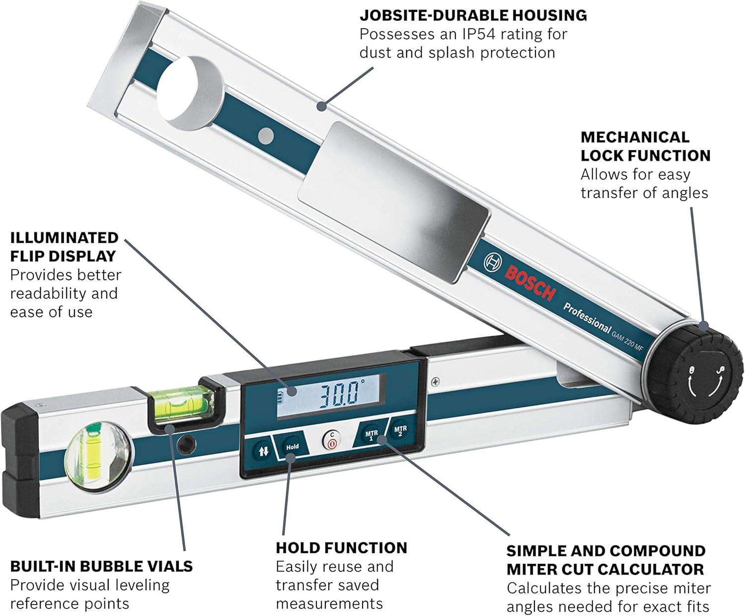 imageBOSCH GAM 220 MF 4in1 Digital Angle Finder Includes Leg Extension 4 AA Batteries amp Carrying Case