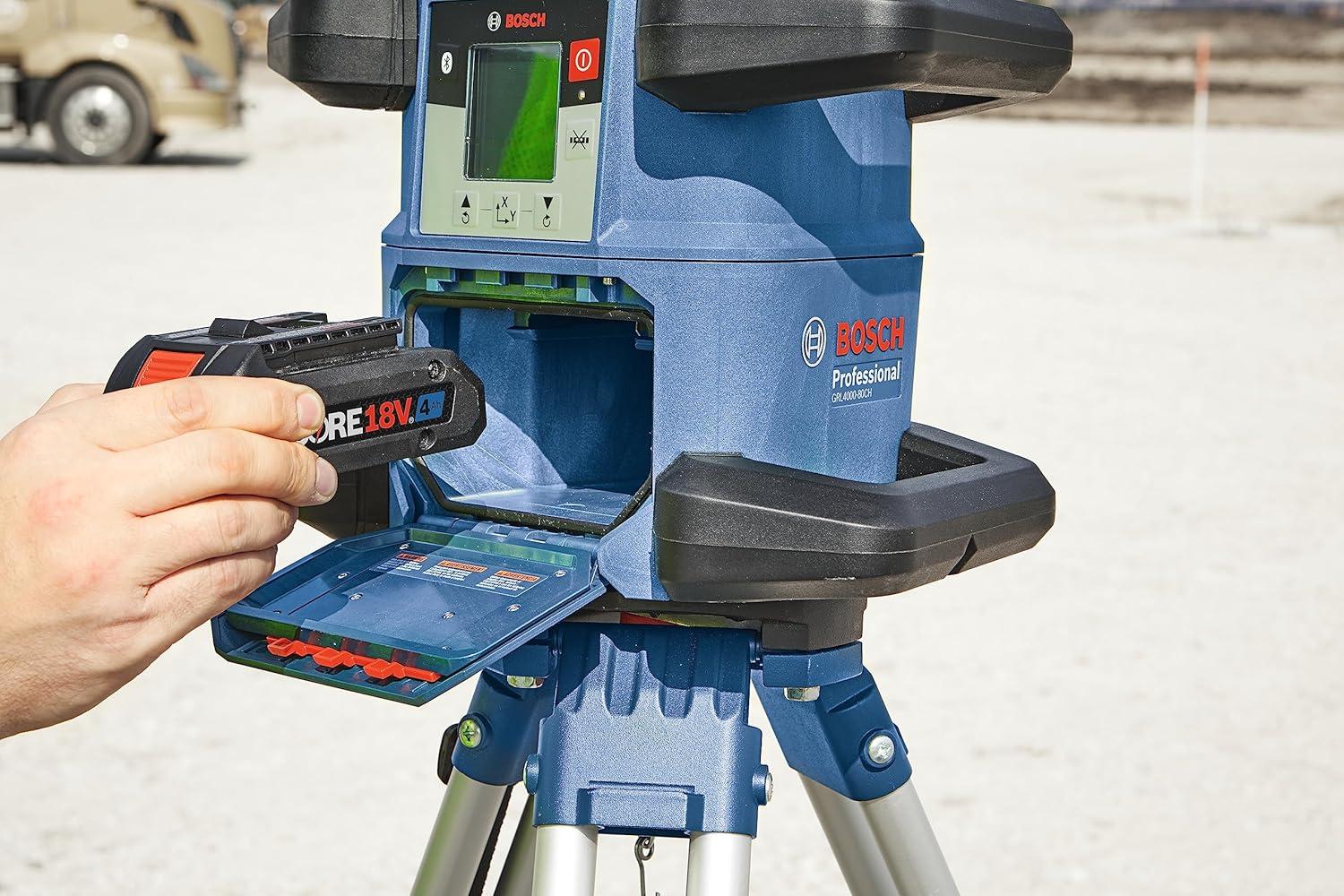 imageBOSCH GRL400090CHVKS REVOLVE 18V Connected GreenBeam SelfLeveling HorizontalVertical Rotary Laser Kit Includes Tripod Grade Rod Receiver Battery Adapter Carrying Case amp Accessories4000 ft Rotary Laser