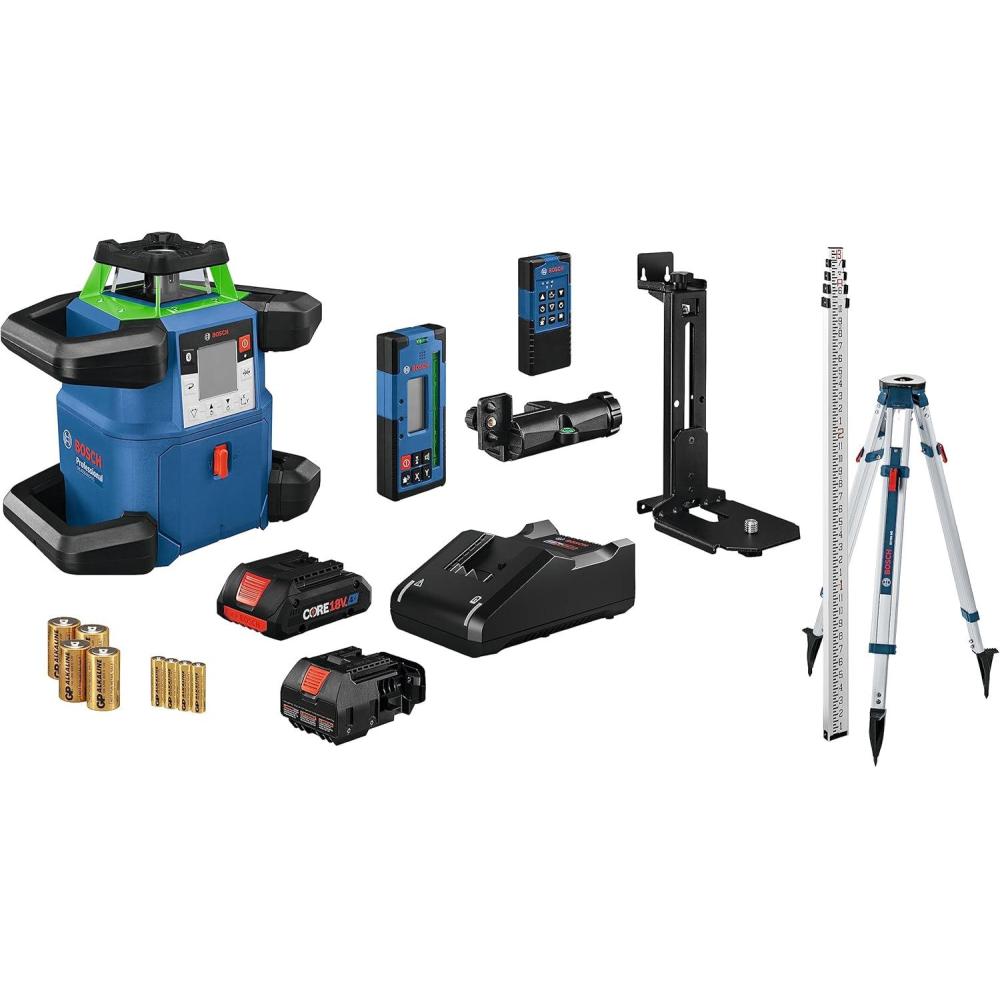 imageBOSCH GRL400090CHVK REVOLVE 18V Connected GreenBeam SelfLeveling HorizontalVertical Rotary Laser Kit Includes CORE18V 4 Ah Battery amp Charger Tripod Rod Receiver Carrying Case amp Accessories