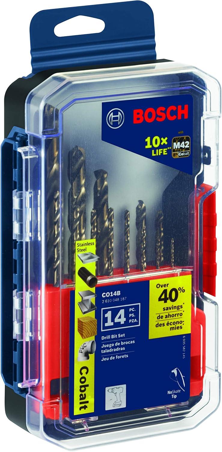 imageBOSCH CO2151B 1Piece 38 in x 5 in Cobalt M42 Metal Drill Bit with ThreeFlat Shank for Drilling Applications in Stainless Steel Cast Iron Titanium LightGauge Metal Aluminum14Piece Drill Bit Set