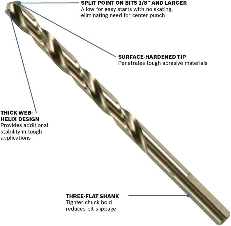 imageBOSCH CO2151B 1Piece 38 in x 5 in Cobalt M42 Metal Drill Bit with ThreeFlat Shank for Drilling Applications in Stainless Steel Cast Iron Titanium LightGauge Metal Aluminum21Piece Drill Bit Set