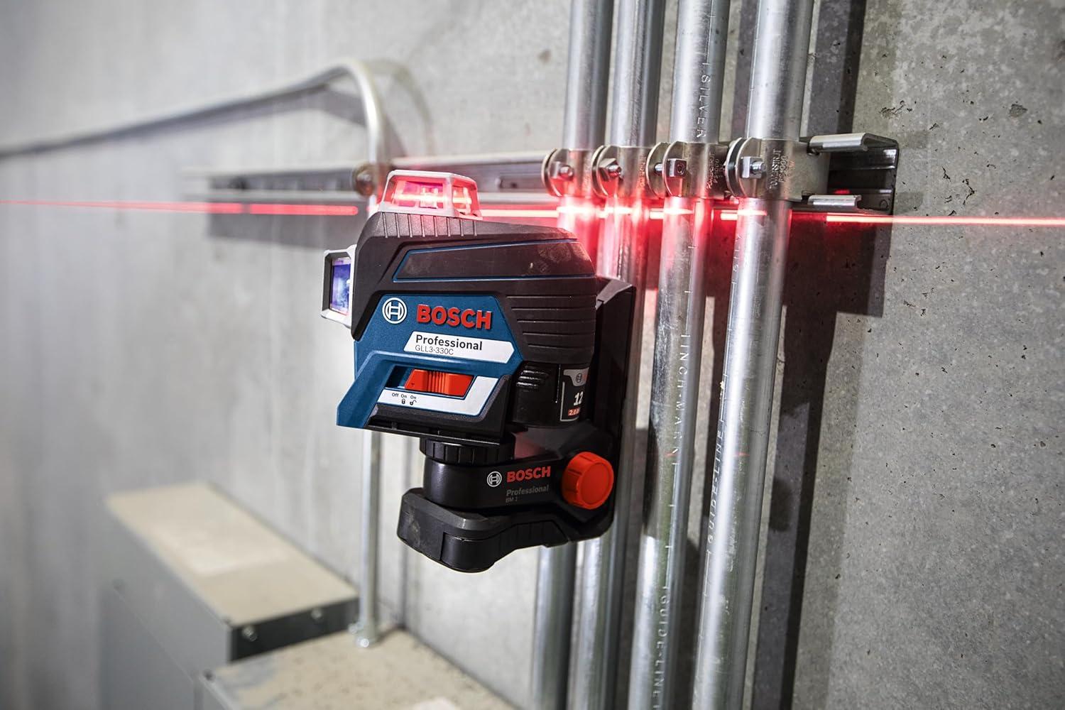imageBOSCH GLL3300 200 Ft 360 degree ThreePlane Leveling and AlignmentLine Laser Includes 4 AA Batteries Positioning Device Laser Target HeavyDuty Pouch amp Hard Carrying Case12V Red 3Plane Line Laser