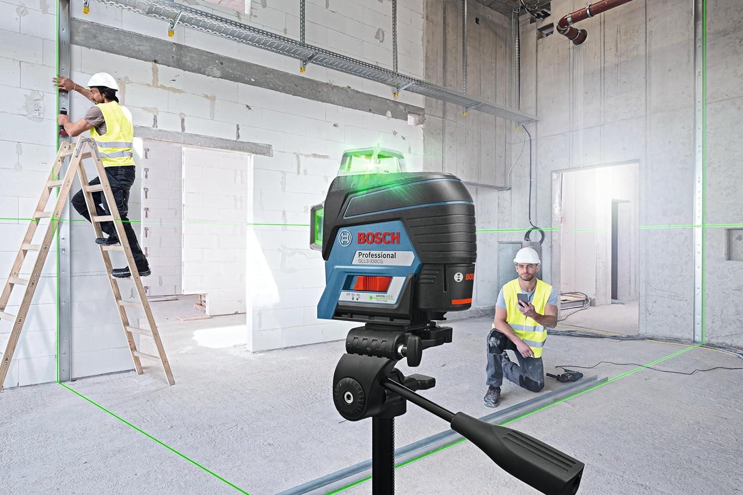 imageBOSCH GLL3300 200 Ft 360 degree ThreePlane Leveling and AlignmentLine Laser Includes 4 AA Batteries Positioning Device Laser Target HeavyDuty Pouch amp Hard Carrying Case12V Green 3Plane Line Laser