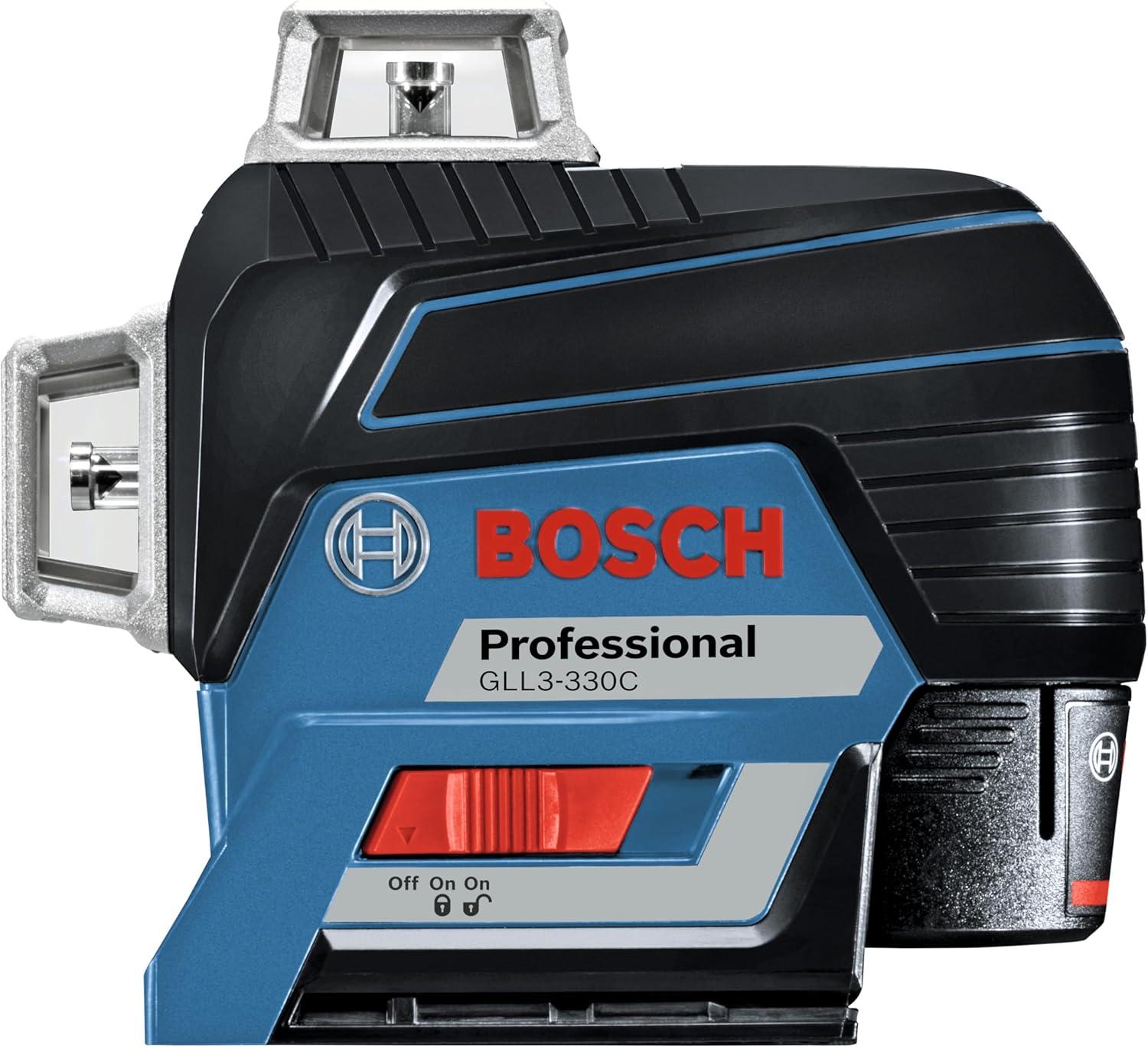 imageBOSCH GLL3300 200 Ft 360 degree ThreePlane Leveling and AlignmentLine Laser Includes 4 AA Batteries Positioning Device Laser Target HeavyDuty Pouch amp Hard Carrying Case12V Red 3Plane Line Laser