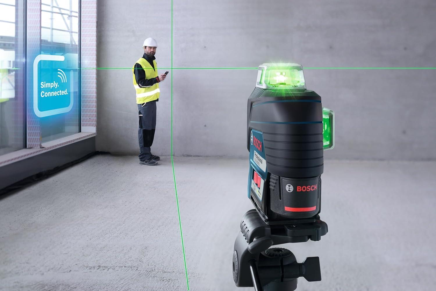 imageBOSCH GLL3300 200 Ft 360 degree ThreePlane Leveling and AlignmentLine Laser Includes 4 AA Batteries Positioning Device Laser Target HeavyDuty Pouch amp Hard Carrying Case12V Green 3Plane Line Laser