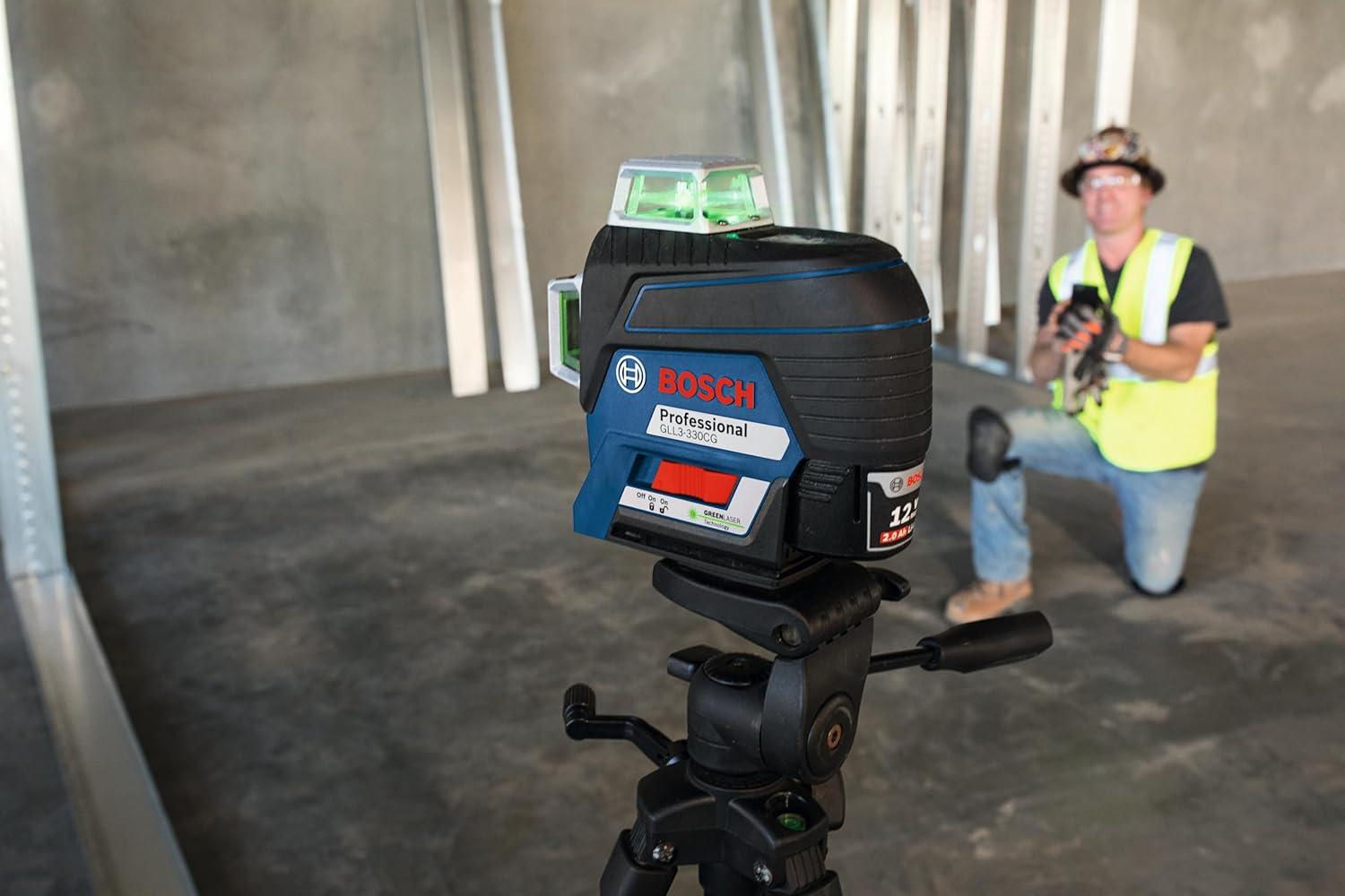 imageBOSCH GLL3300 200 Ft 360 degree ThreePlane Leveling and AlignmentLine Laser Includes 4 AA Batteries Positioning Device Laser Target HeavyDuty Pouch amp Hard Carrying Case12V Green 3Plane Line Laser