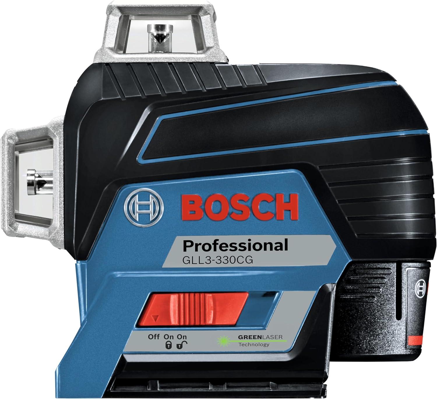 imageBOSCH GLL3300 200 Ft 360 degree ThreePlane Leveling and AlignmentLine Laser Includes 4 AA Batteries Positioning Device Laser Target HeavyDuty Pouch amp Hard Carrying Case12V Green 3Plane Line Laser