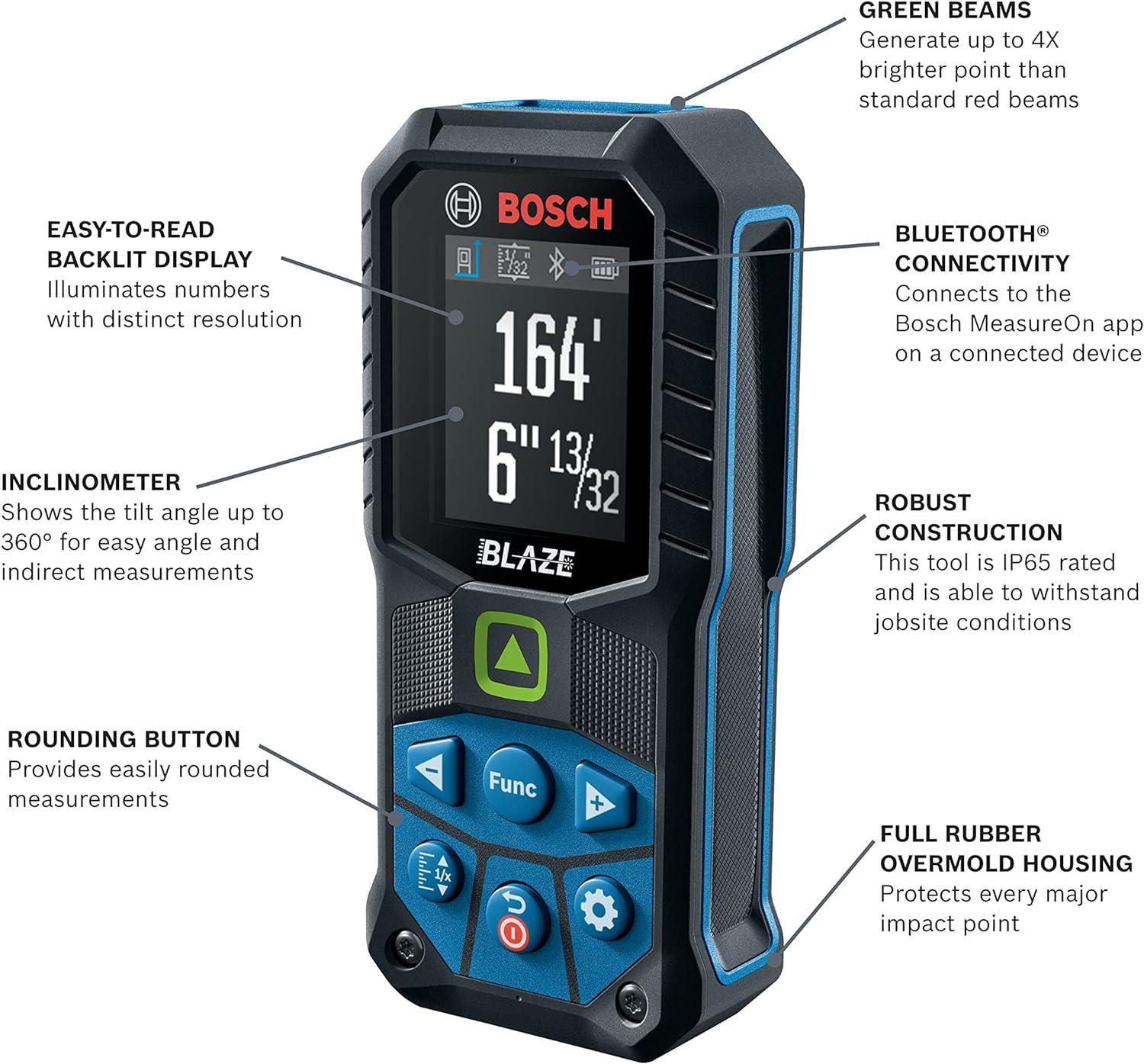 imageBOSCH GLM16527CGL 165 Ft Blaze GreenBeam Laser Distance Measure with 37V LithiumIon 10 Ah Battery Includes 10 Ah 37V LithiumIon Battery Belt Clip amp Pouch