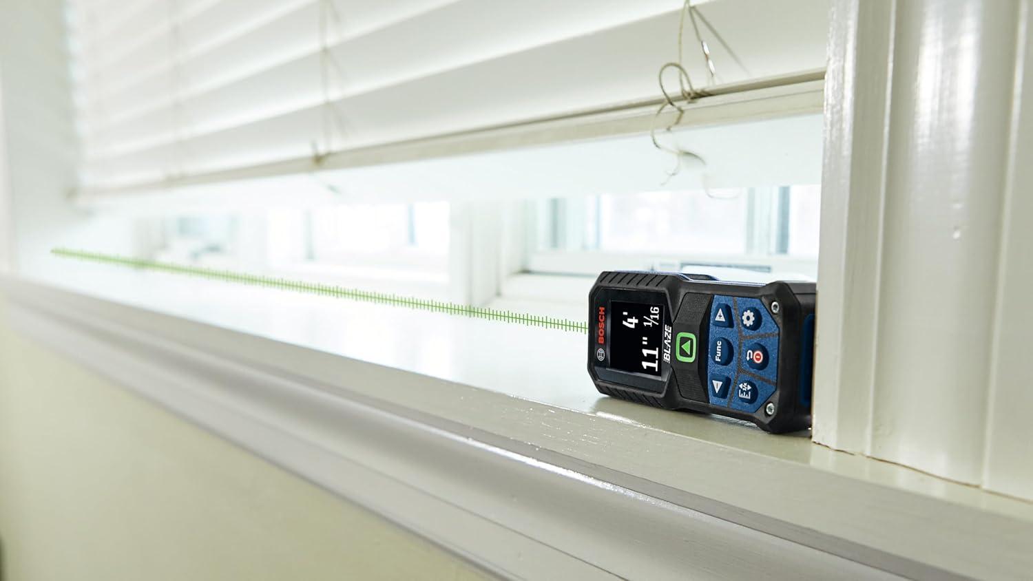 imageBOSCH GLM16527CGL 165 Ft Blaze GreenBeam Laser Distance Measure with 37V LithiumIon 10 Ah Battery Includes 10 Ah 37V LithiumIon Battery Belt Clip amp Pouch