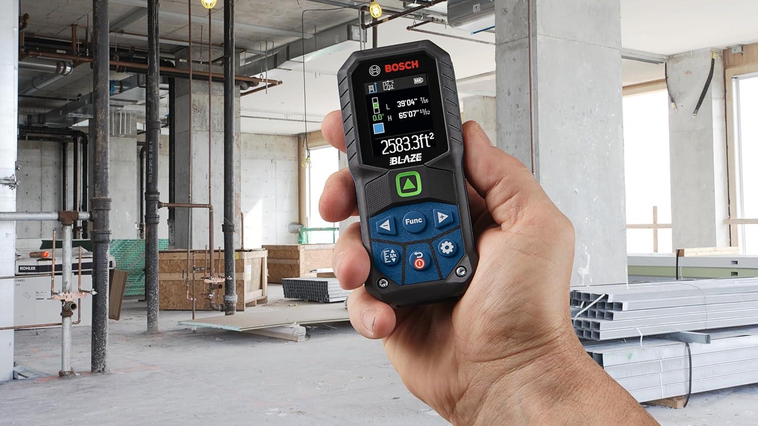 imageBOSCH GLM16527CGL 165 Ft Blaze GreenBeam Laser Distance Measure with 37V LithiumIon 10 Ah Battery Includes 10 Ah 37V LithiumIon Battery Belt Clip amp Pouch