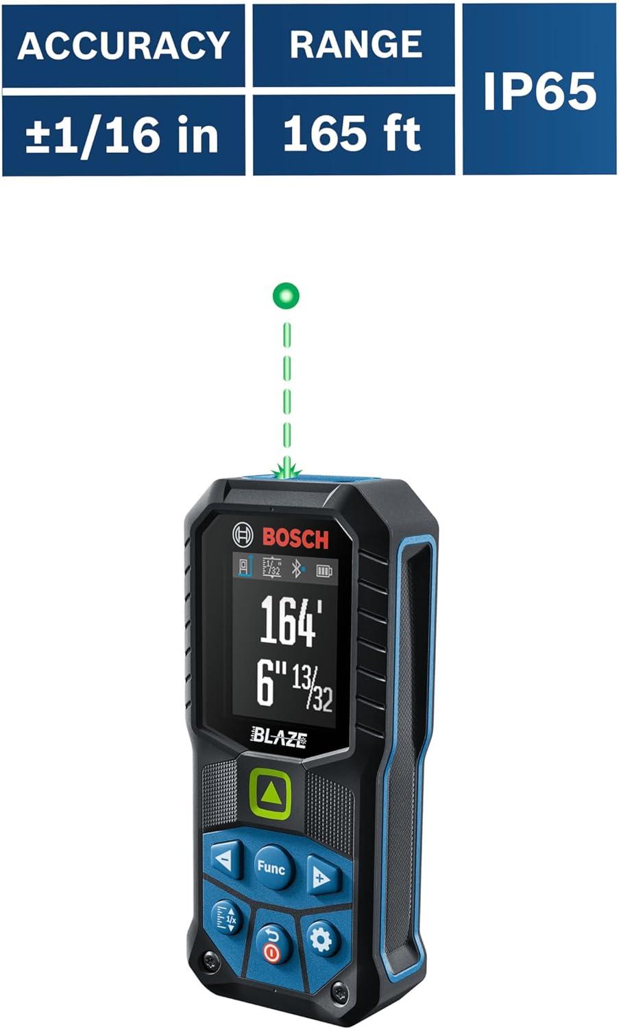 imageBOSCH GLM16527CGL 165 Ft Blaze GreenBeam Laser Distance Measure with 37V LithiumIon 10 Ah Battery Includes 10 Ah 37V LithiumIon Battery Belt Clip amp Pouch