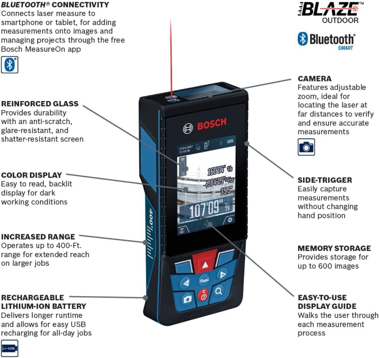 imageBOSCH GLM400C 400 Ft Blaze Outdoor Connected Laser Measure with Viewfinder Includes 3 AA Batteries Hand Strap amp PouchAA Battery Version