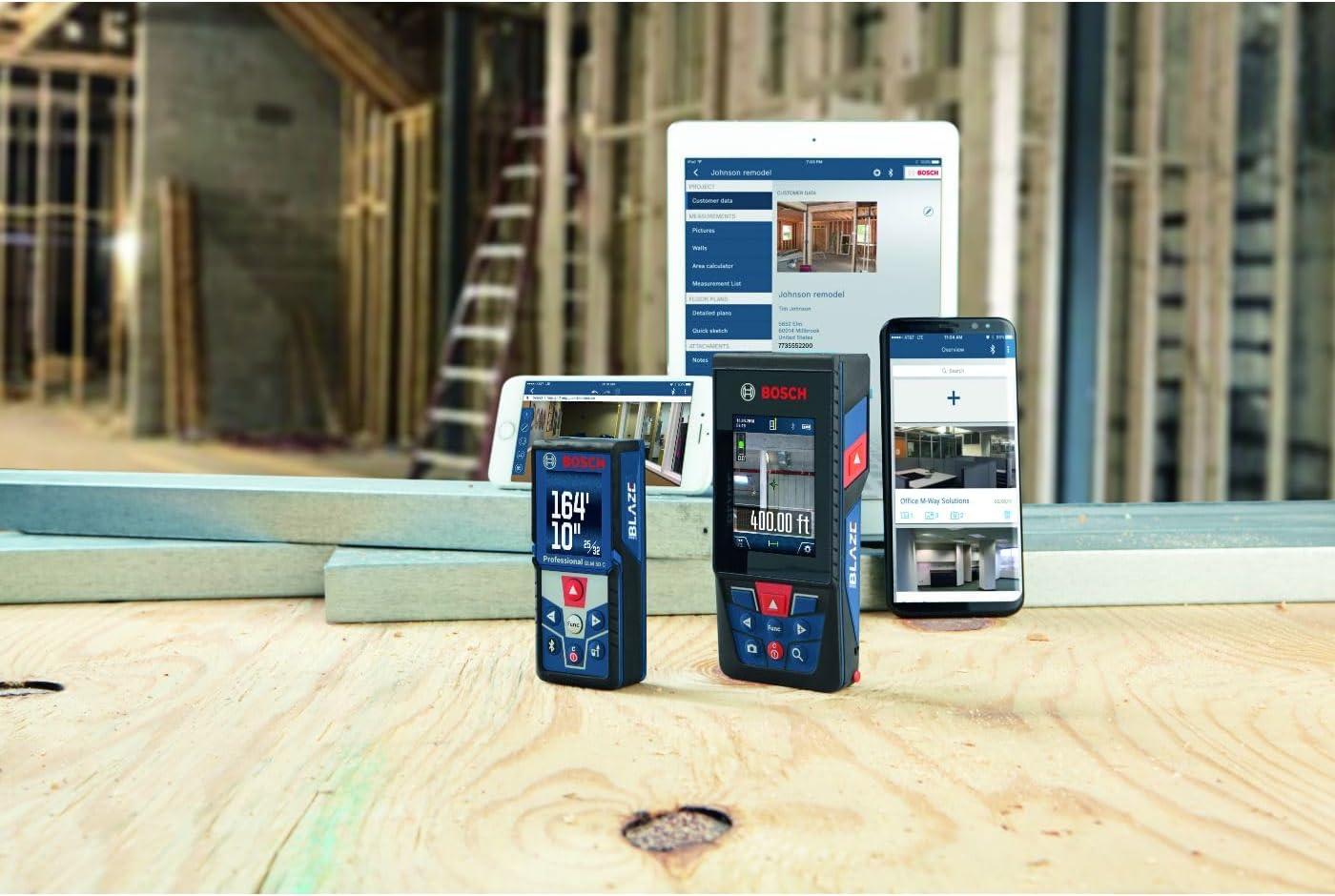 imageBOSCH GLM400C 400 Ft Blaze Outdoor Connected Laser Measure with Viewfinder Includes 3 AA Batteries Hand Strap amp PouchAA Battery Version