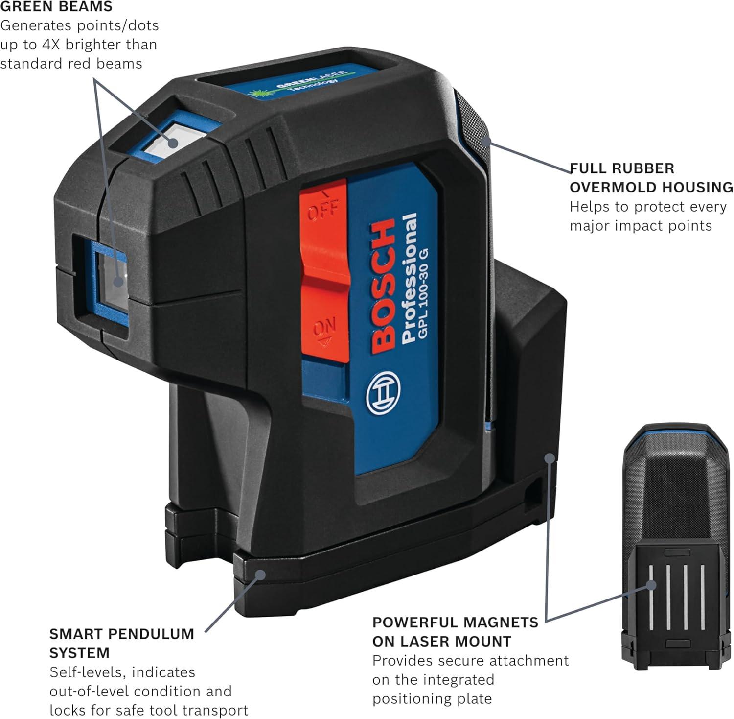 imageBOSCH GPL10030G GreenBeam SelfLeveling Alignment Laser Includes 2 AA Batteries BuiltIn Multipurpose Mount amp Hard Carrying CaseLaser Laser