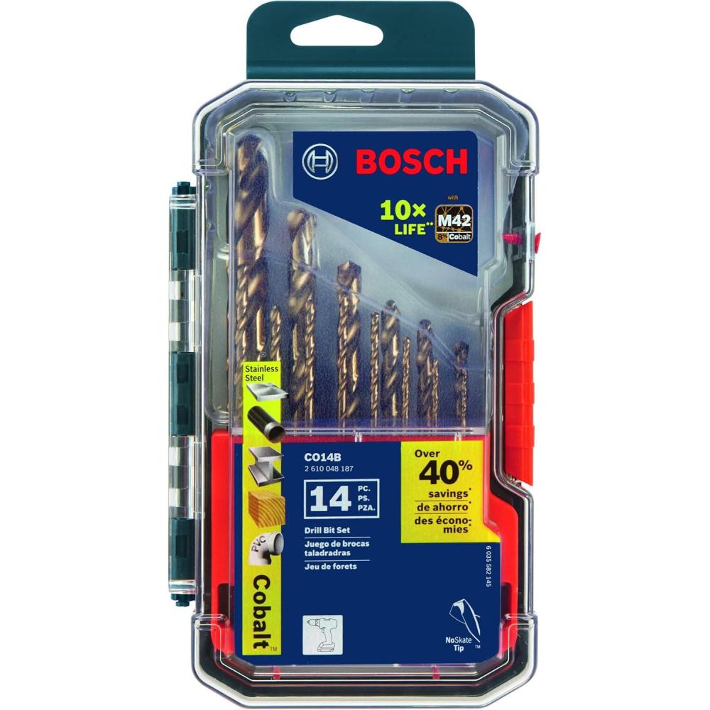 imageBOSCH CO2151B 1Piece 38 in x 5 in Cobalt M42 Metal Drill Bit with ThreeFlat Shank for Drilling Applications in Stainless Steel Cast Iron Titanium LightGauge Metal Aluminum14Piece Drill Bit Set