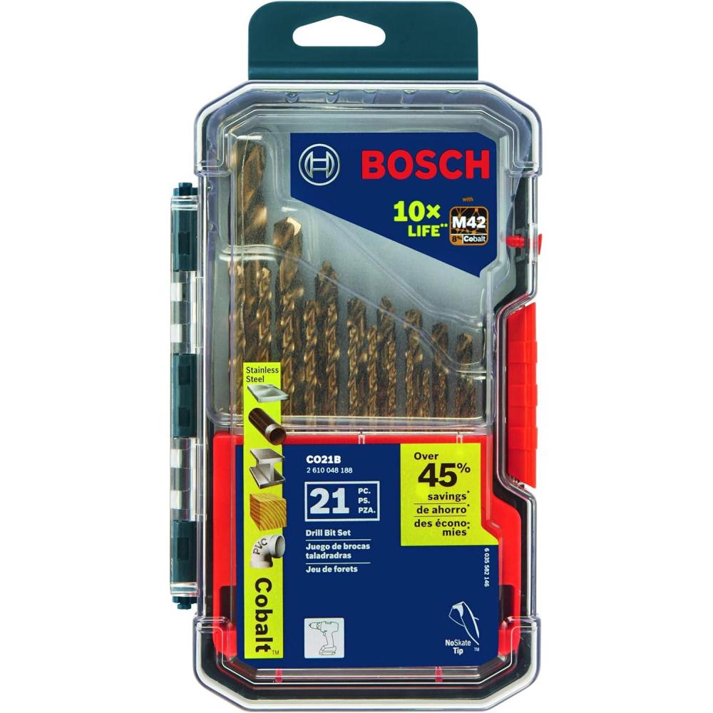 imageBOSCH CO2151B 1Piece 38 in x 5 in Cobalt M42 Metal Drill Bit with ThreeFlat Shank for Drilling Applications in Stainless Steel Cast Iron Titanium LightGauge Metal Aluminum21Piece Drill Bit Set