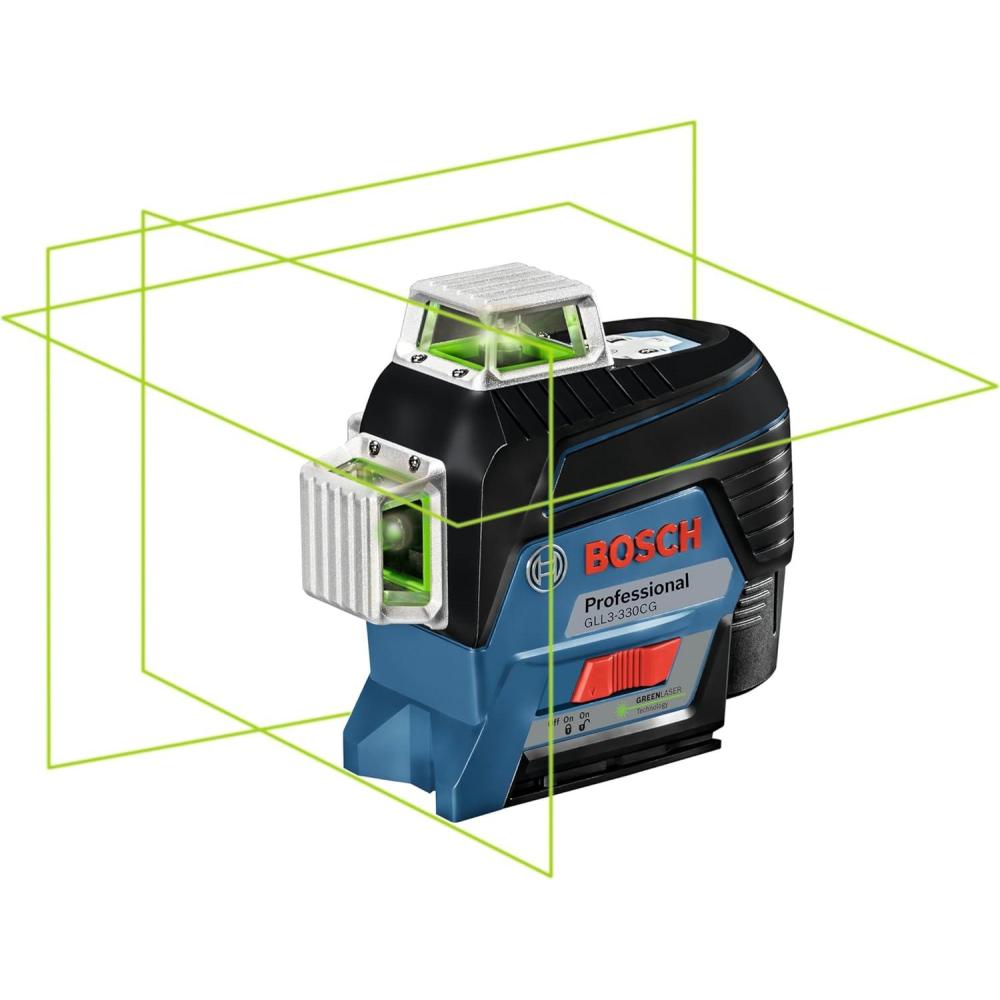 imageBOSCH GLL3300 200 Ft 360 degree ThreePlane Leveling and AlignmentLine Laser Includes 4 AA Batteries Positioning Device Laser Target HeavyDuty Pouch amp Hard Carrying Case12V Green 3Plane Line Laser