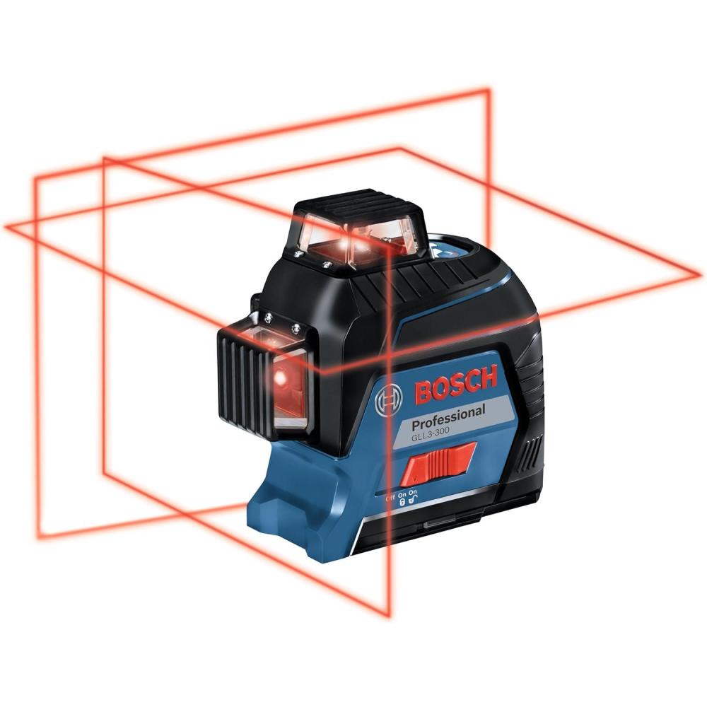 imageBOSCH GLL3300 200 Ft 360 degree ThreePlane Leveling and AlignmentLine Laser Includes 4 AA Batteries Positioning Device Laser Target HeavyDuty Pouch amp Hard Carrying CaseRed 3Plane Line Laser