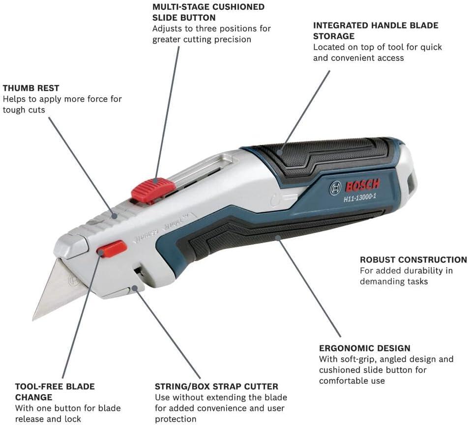 imageBOSCH H11121001 18mm SnapOff Utility Knife Soft Grip Slider Mechanism and Integrated Blade SnapFolding SnapOff Utility