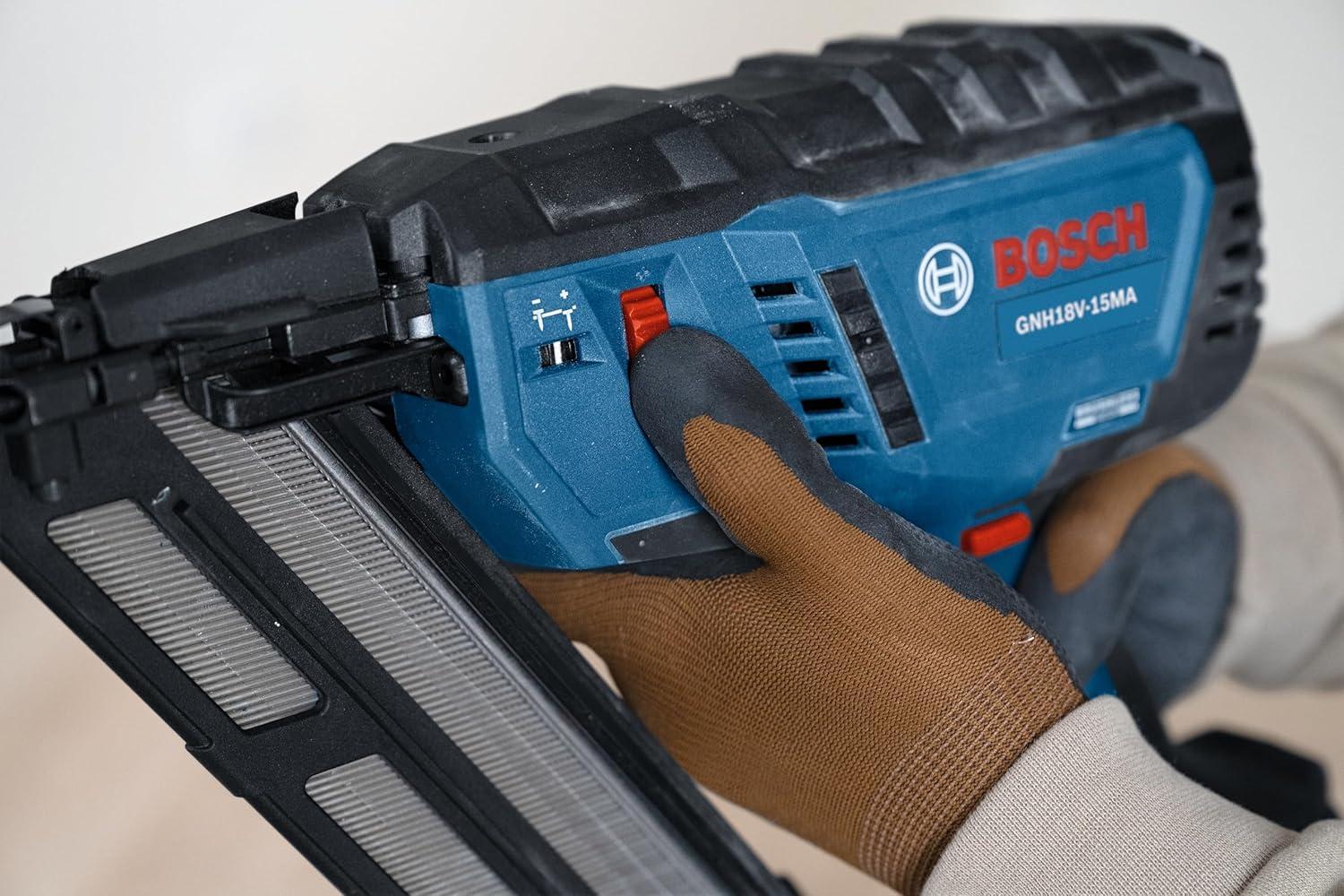 imageBOSCH GNH18V15MAB12 18V Brushless 15Gauge Angled Finish Nailer Cordless Power OneHanded Activation ToolFree Jam Clearing with 2 Ah Power Battery and ChargerBare Tool