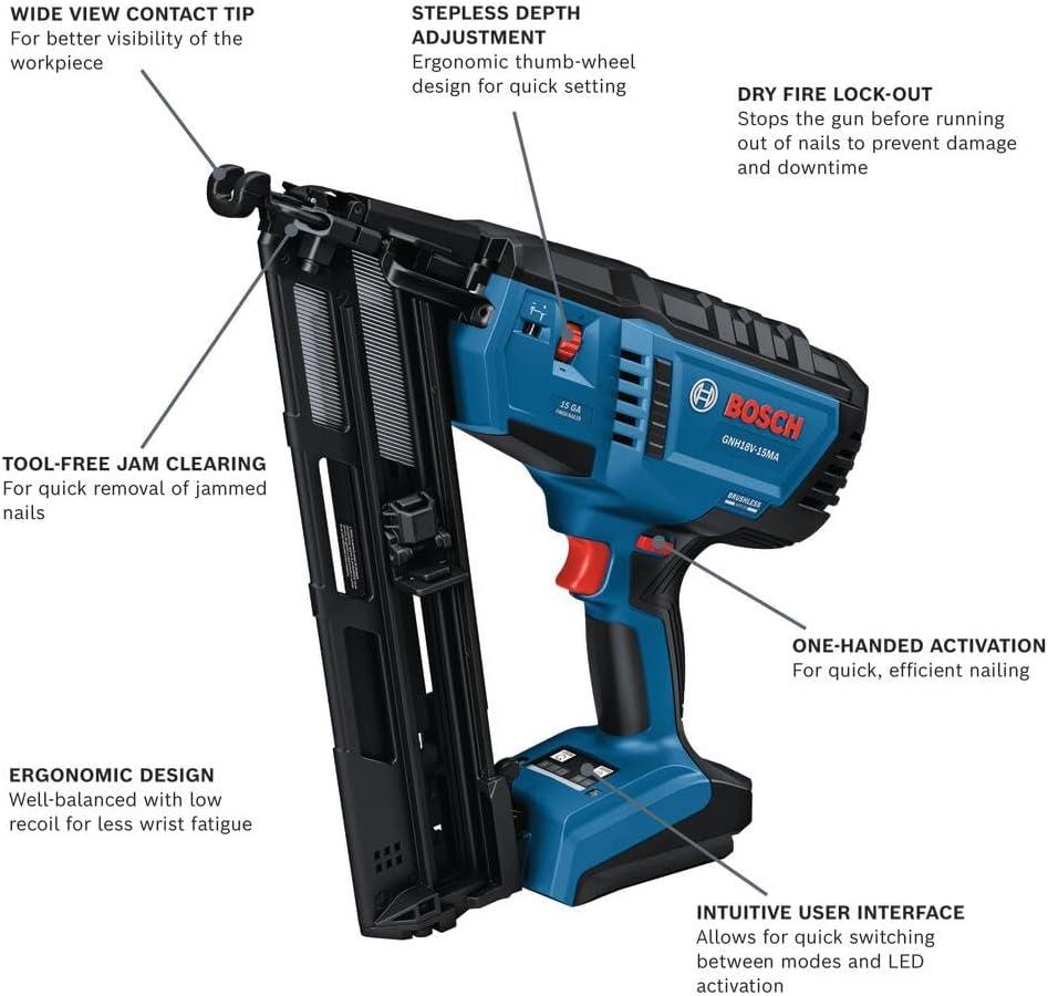 imageBOSCH GNH18V15MAB12 18V Brushless 15Gauge Angled Finish Nailer Cordless Power OneHanded Activation ToolFree Jam Clearing with 2 Ah Power Battery and ChargerTool Battery Charger