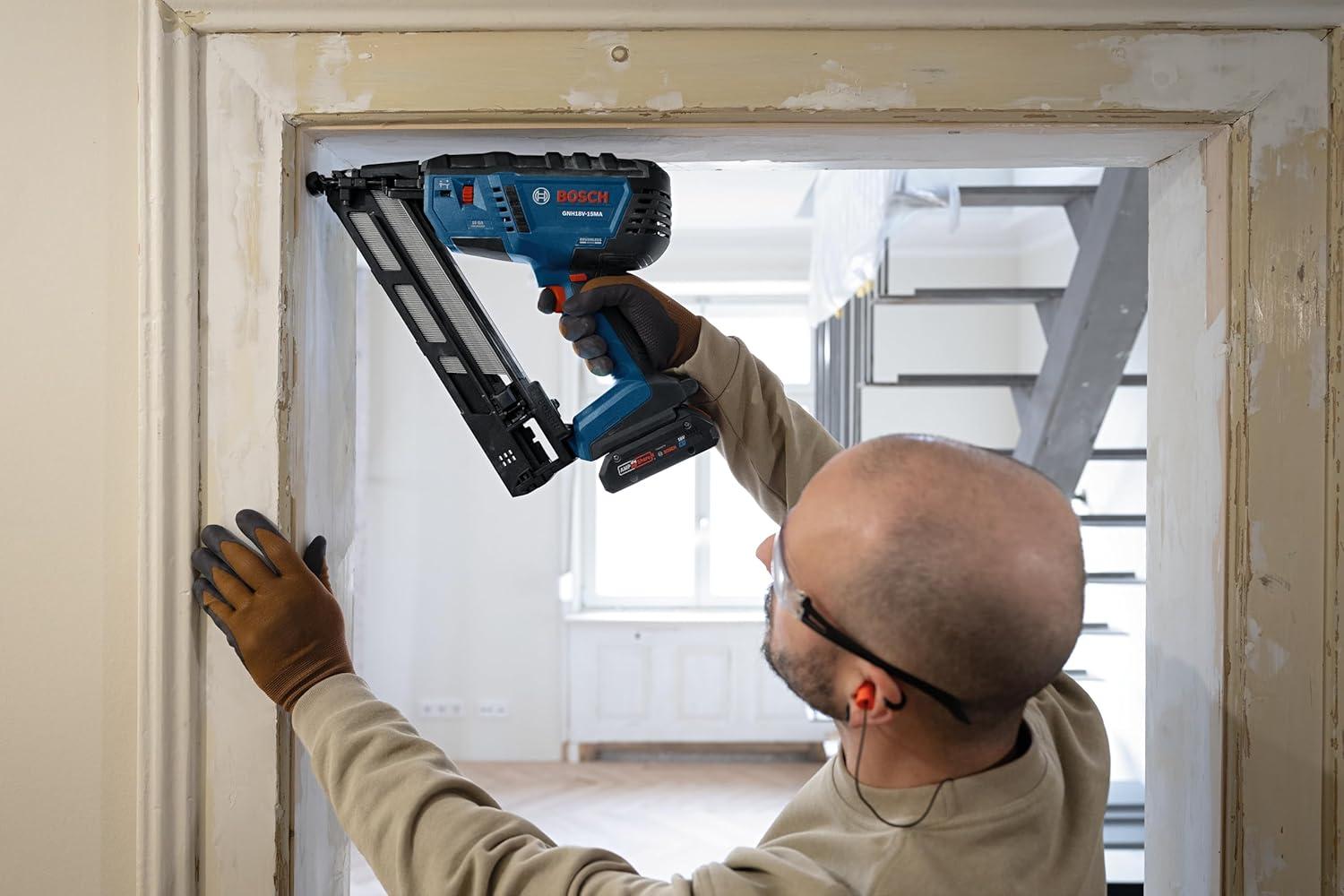 imageBOSCH GNH18V15MAB12 18V Brushless 15Gauge Angled Finish Nailer Cordless Power OneHanded Activation ToolFree Jam Clearing with 2 Ah Power Battery and ChargerBare Tool