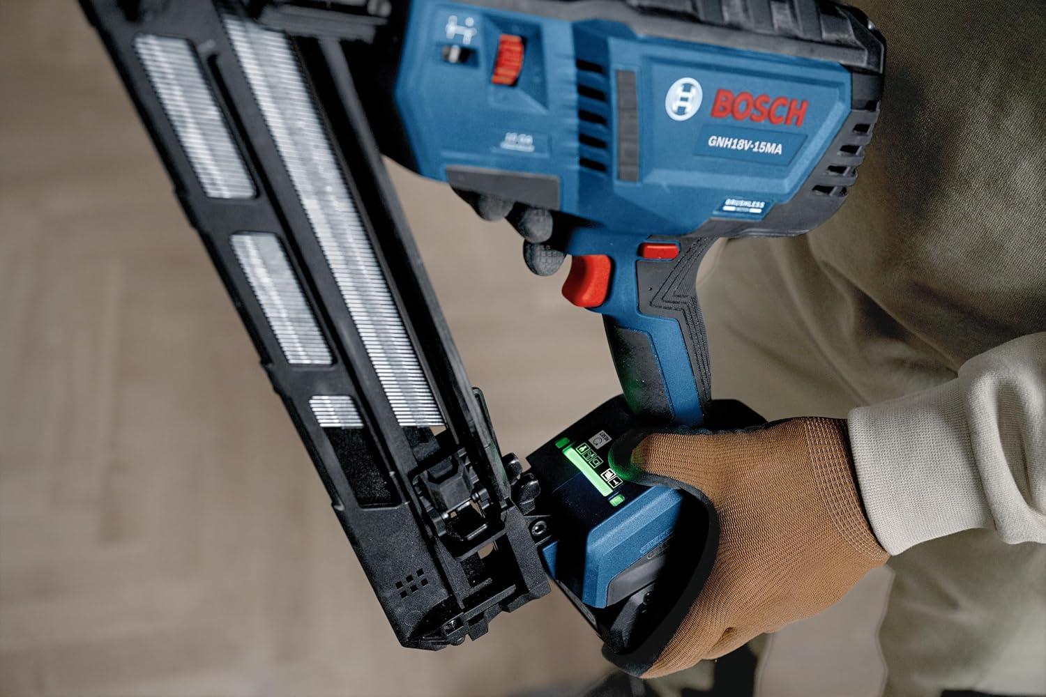 imageBOSCH GNH18V15MAB12 18V Brushless 15Gauge Angled Finish Nailer Cordless Power OneHanded Activation ToolFree Jam Clearing with 2 Ah Power Battery and ChargerBare Tool