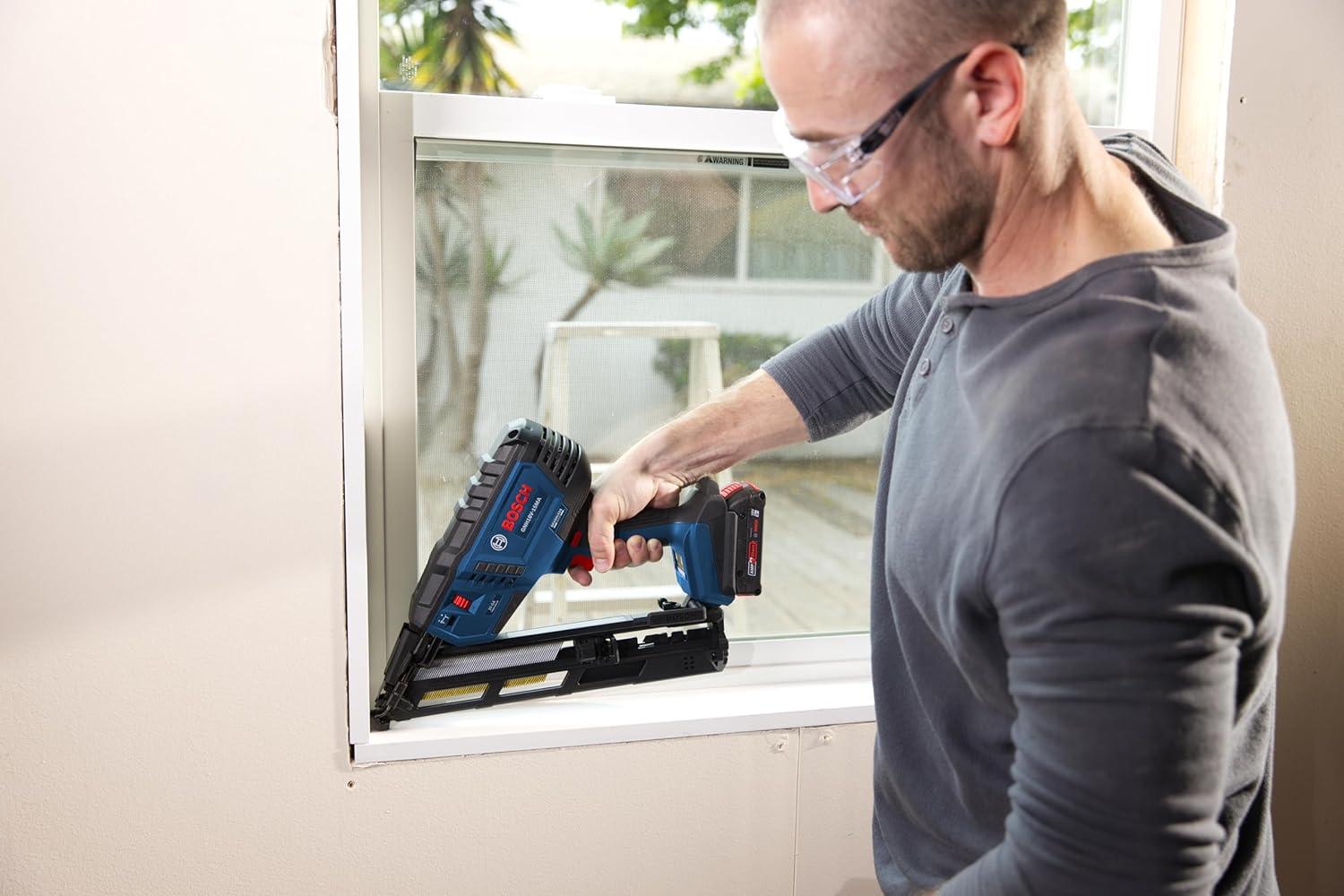 imageBOSCH GNH18V15MAB12 18V Brushless 15Gauge Angled Finish Nailer Cordless Power OneHanded Activation ToolFree Jam Clearing with 2 Ah Power Battery and ChargerTool Battery Charger
