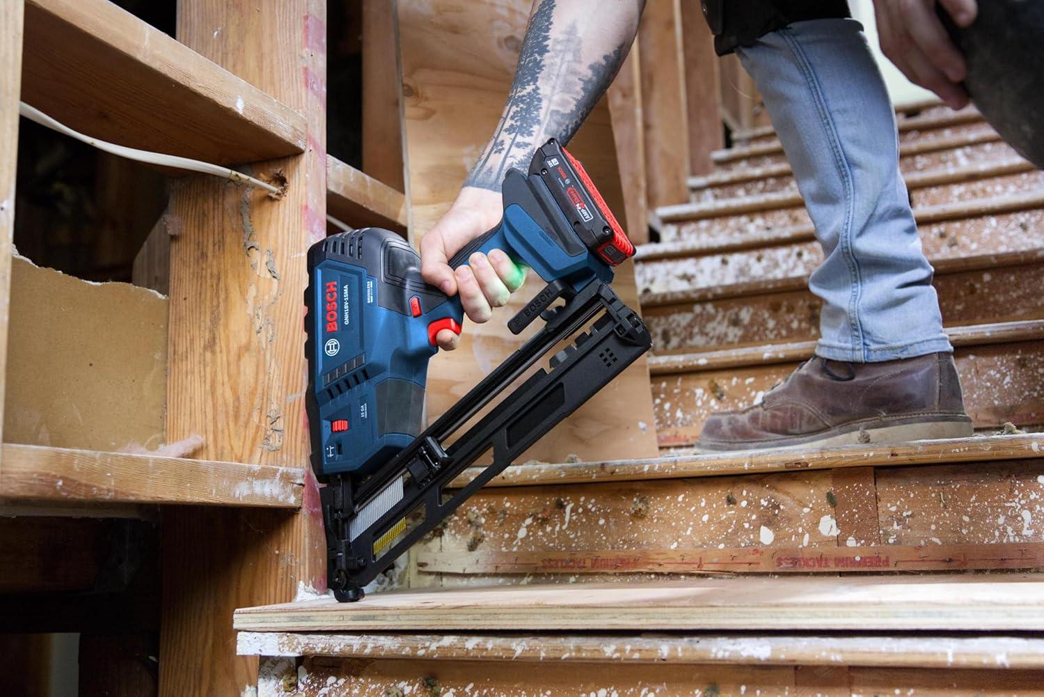 imageBOSCH GNH18V15MAB12 18V Brushless 15Gauge Angled Finish Nailer Cordless Power OneHanded Activation ToolFree Jam Clearing with 2 Ah Power Battery and ChargerTool Battery Charger