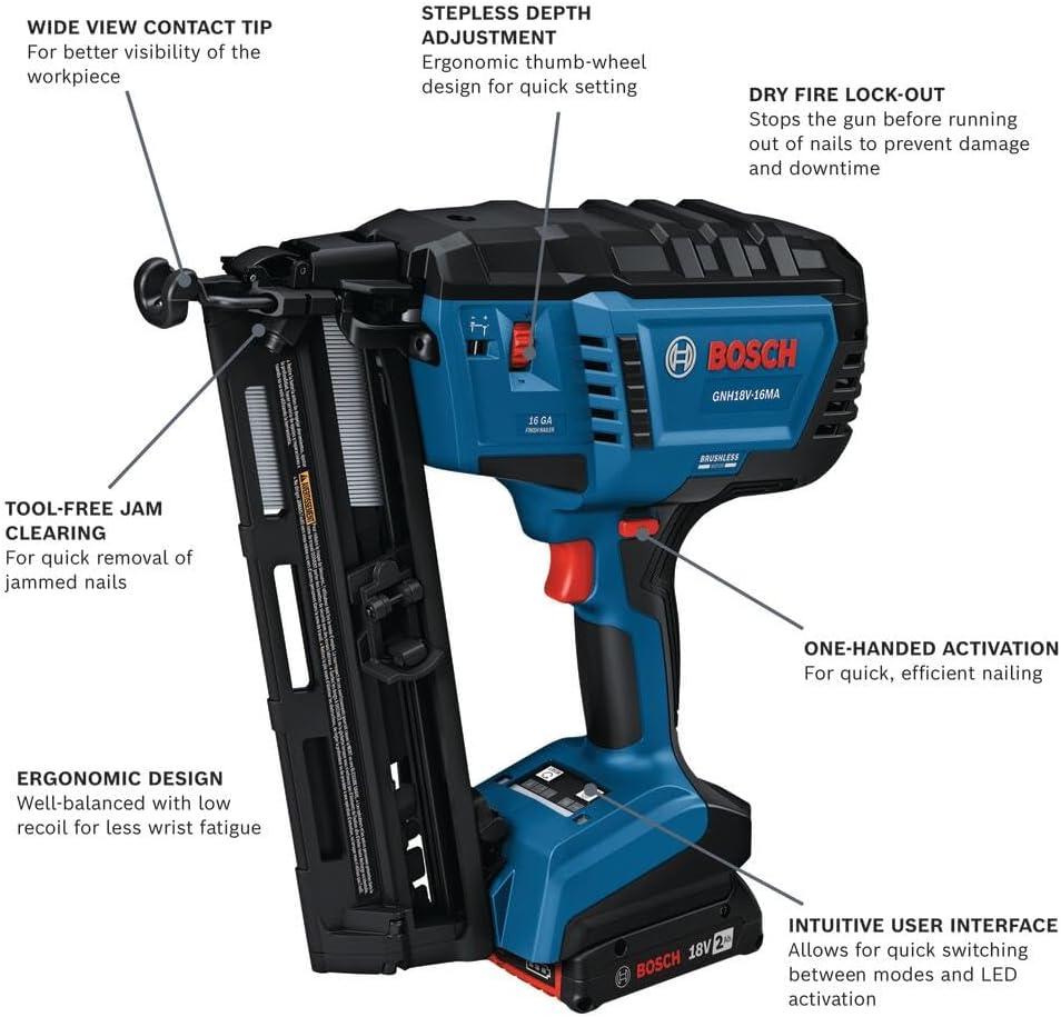imageBOSCH GNH18V15MAB12 18V Brushless 15Gauge Angled Finish Nailer Cordless Power OneHanded Activation ToolFree Jam Clearing with 2 Ah Power Battery and ChargerBare Tool