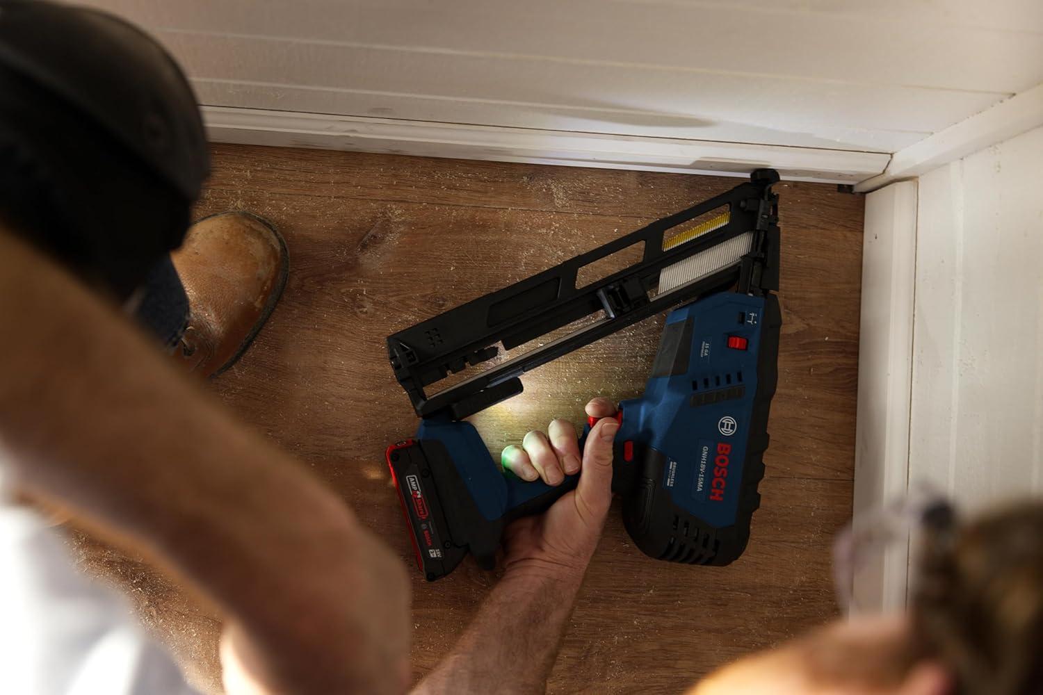 imageBOSCH GNH18V15MAB12 18V Brushless 15Gauge Angled Finish Nailer Cordless Power OneHanded Activation ToolFree Jam Clearing with 2 Ah Power Battery and ChargerTool Battery Charger