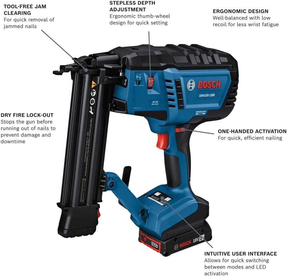 imageBOSCH GNH18V18MN 18V Brushless 18Gauge Brad Nailer Cordless Power Fastens up to 2000 Nails per Charge OneHanded Activation ToolFree Jam Clearing Double LED Light Bare ToolIndustrial