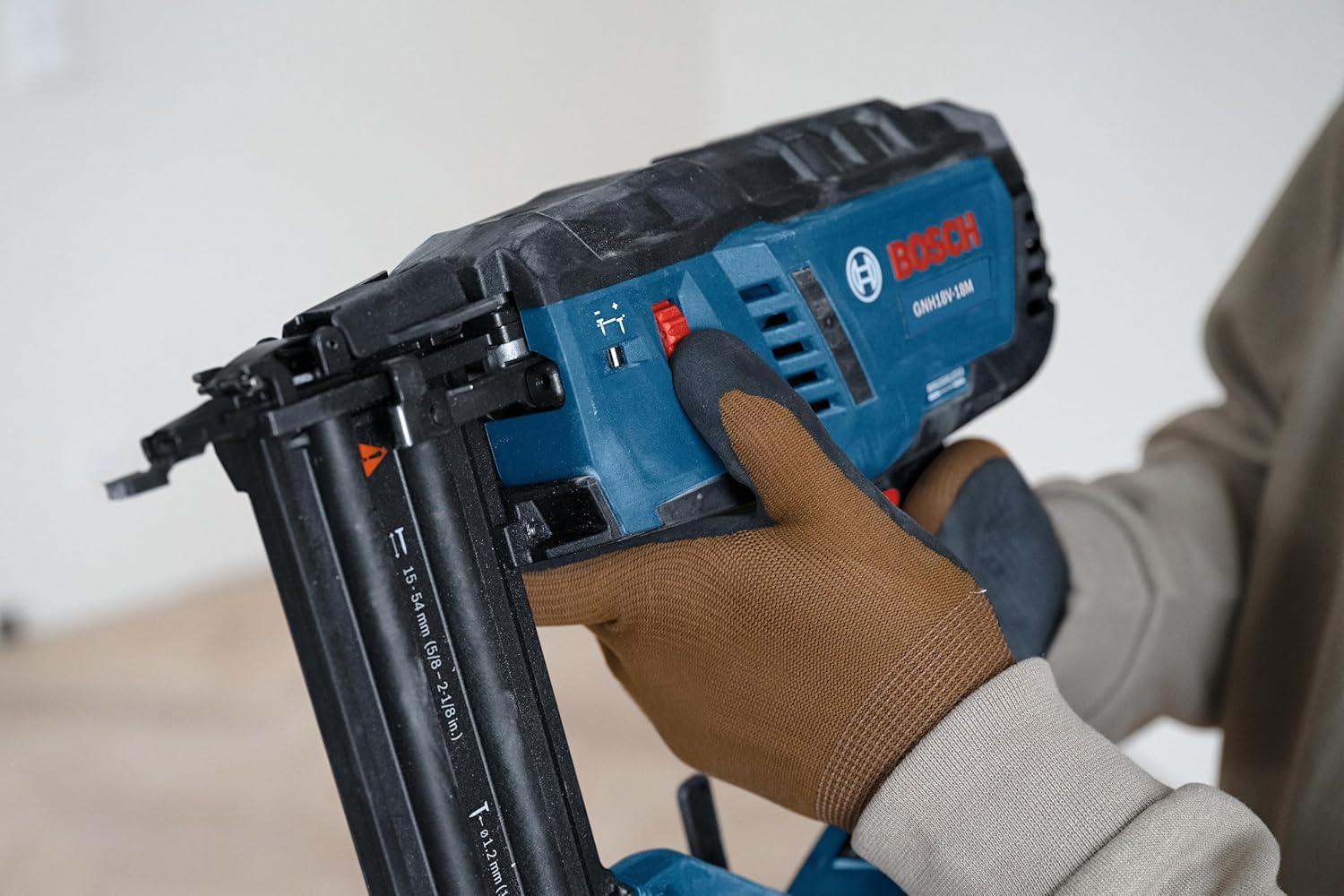 imageBOSCH GNH18V18MN 18V Brushless 18Gauge Brad Nailer Cordless Power Fastens up to 2000 Nails per Charge OneHanded Activation ToolFree Jam Clearing Double LED Light Bare ToolBare Tool